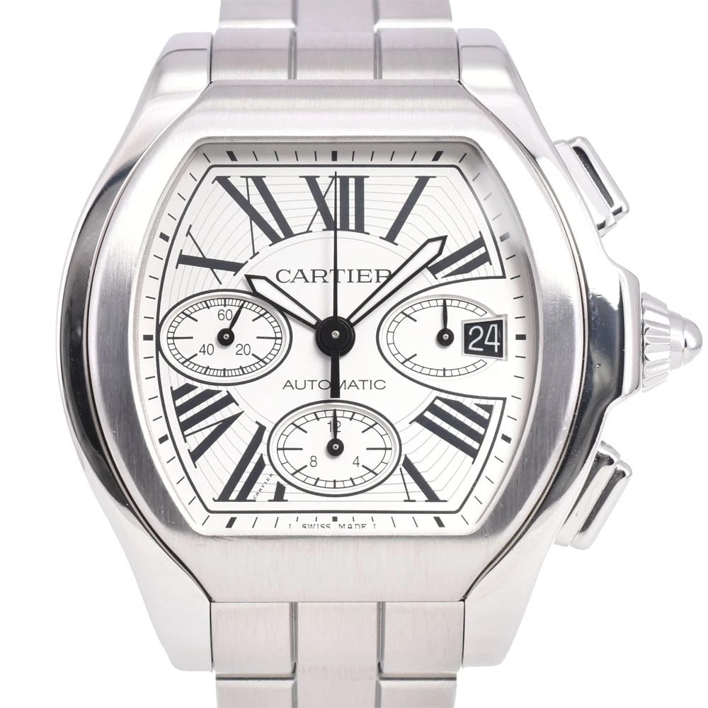 CARTIER ROADSTER CHRONOGRAPH WATCH: CARTIER Roadster Chronograph Watch Brand: CARTIER Type: Wristwatch Material: Band Material Stainless Steel, Case Material Stainless Steel Color: Dial Color Silver, Case Color Silver Band Color