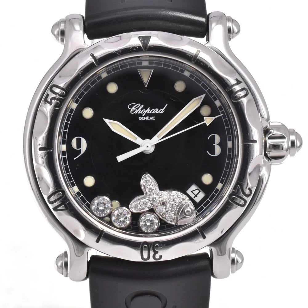 CHOPARD HAPPY SPORTSDIAMOND FISH MOTIF WATCH: Chopard Happy sportsDiamond Fish Motif Watch Brand: Chopard Type: Wristwatch Material: Band Material rubber, Case Material Stainless Steel Color: Dial Color black, Case Color Silver Band Color blac