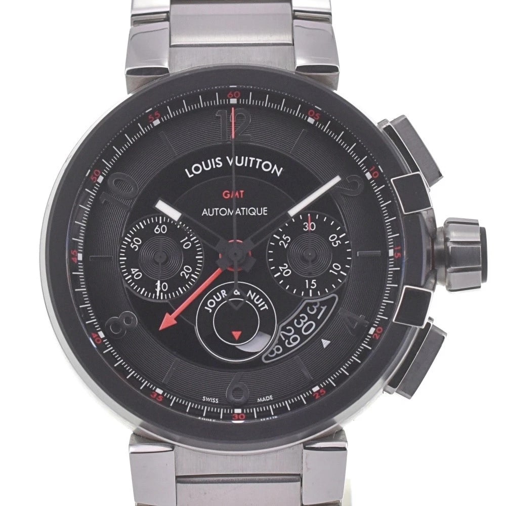 LOUIS VUITTON TAMBOUR CHRONOGRAPH WATCH: LOUIS VUITTON Tambour Chronograph Watch Brand: LOUIS VUITTON Type: Wristwatch Material: Band Material Stainless Steel, Case Material Stainless Steel Color: Dial Color black, Case Color Silver