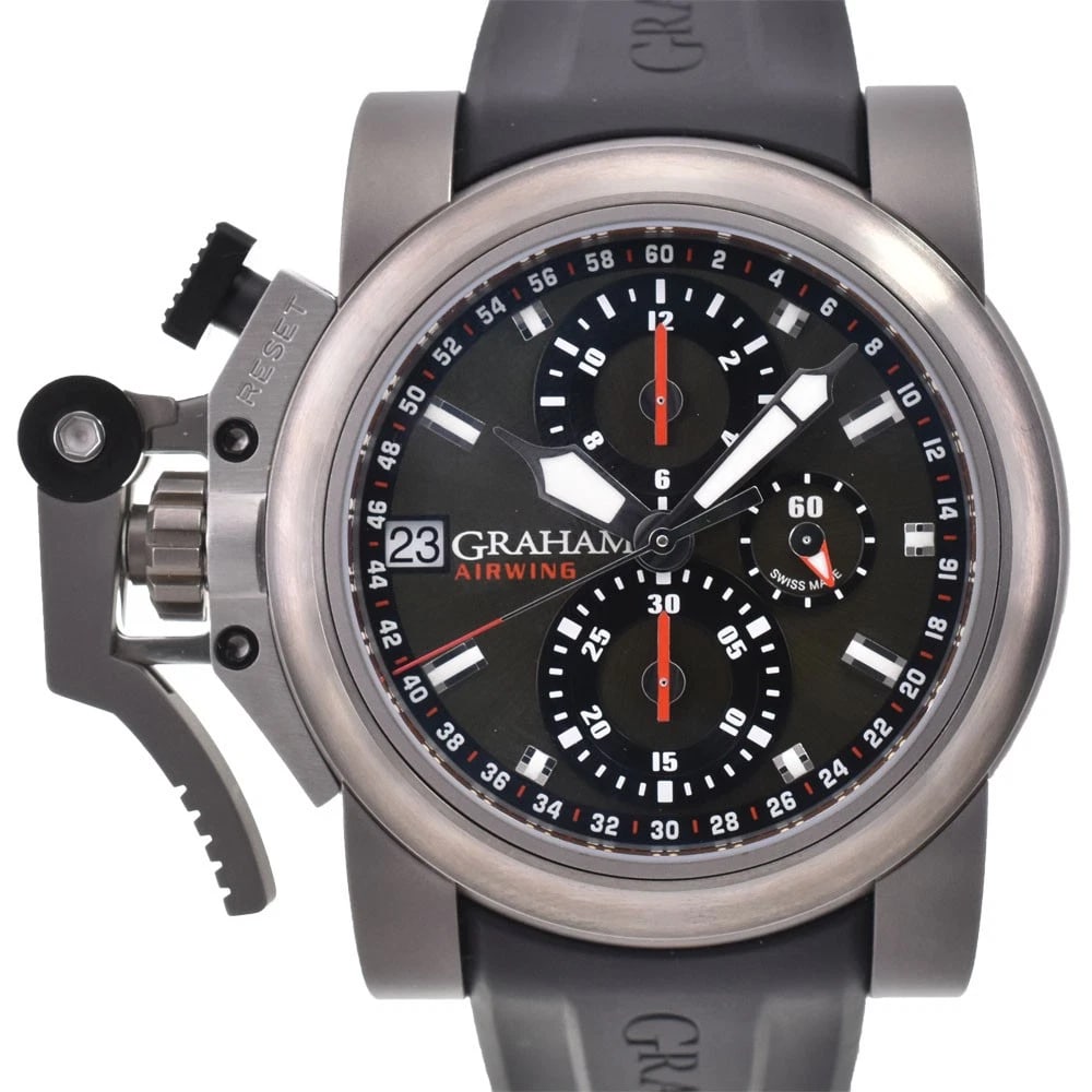 GRAHAM CHRONOFIGHTER WATCH: GRAHAM Chronofighter Watch Brand: GRAHAM Type: Wristwatch Material: Band Material rubber, Case Material Stainless Steel Color: Dial Color Moss green, Case Color Silver Band Color black Size: