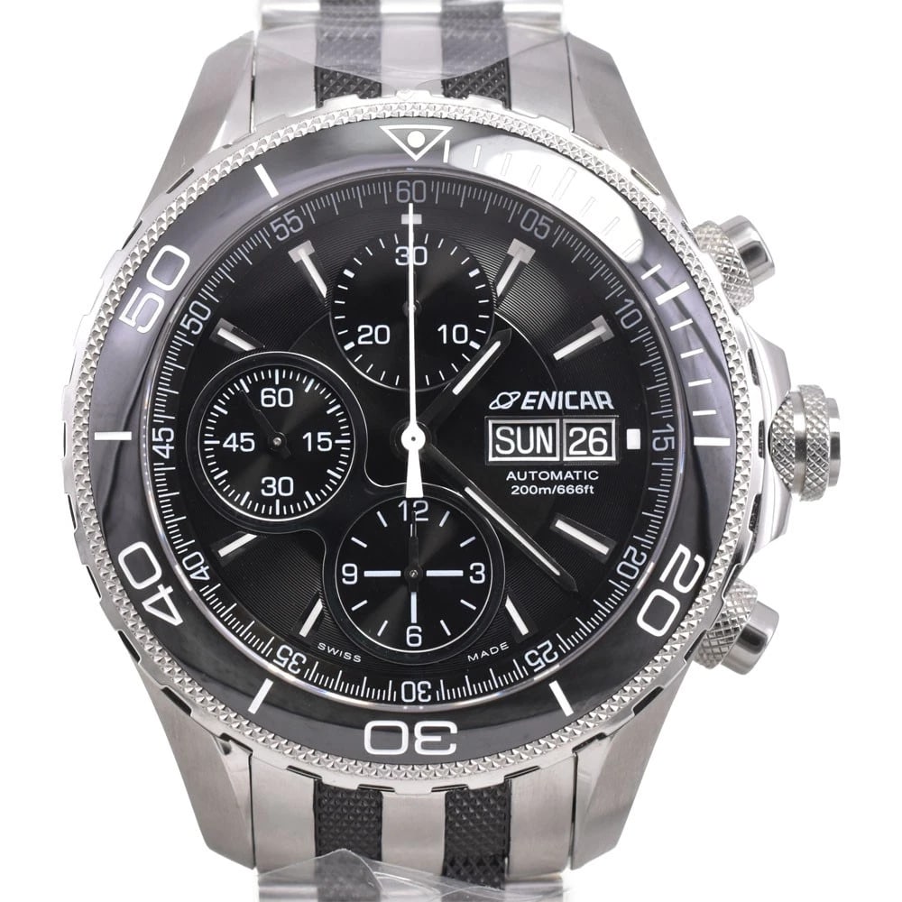 ENICAR SHERPA CHRONO WATCH: ENICAR Sherpa Chrono Watch Brand: ENICAR Type: Wristwatch Material: Band Material Stainless Steel, Case Material Stainless Steel Color: Dial Color black, Case Color Silver Band Color Silver 