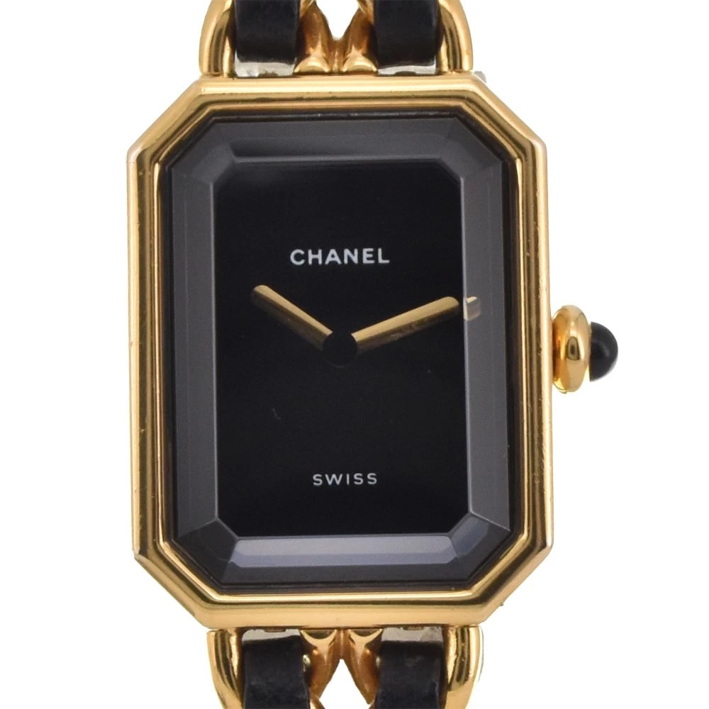 CHANEL PREMIERE GP LEATHER BLACK DIAL WATCH: CHANEL Premiere GP Leather black Dial Watch Brand: CHANEL Type: Wristwatch Material: Band Material Gold Plated / Leather, Case Material Gold Plated Color: Dial Color black, Case Color gold Band