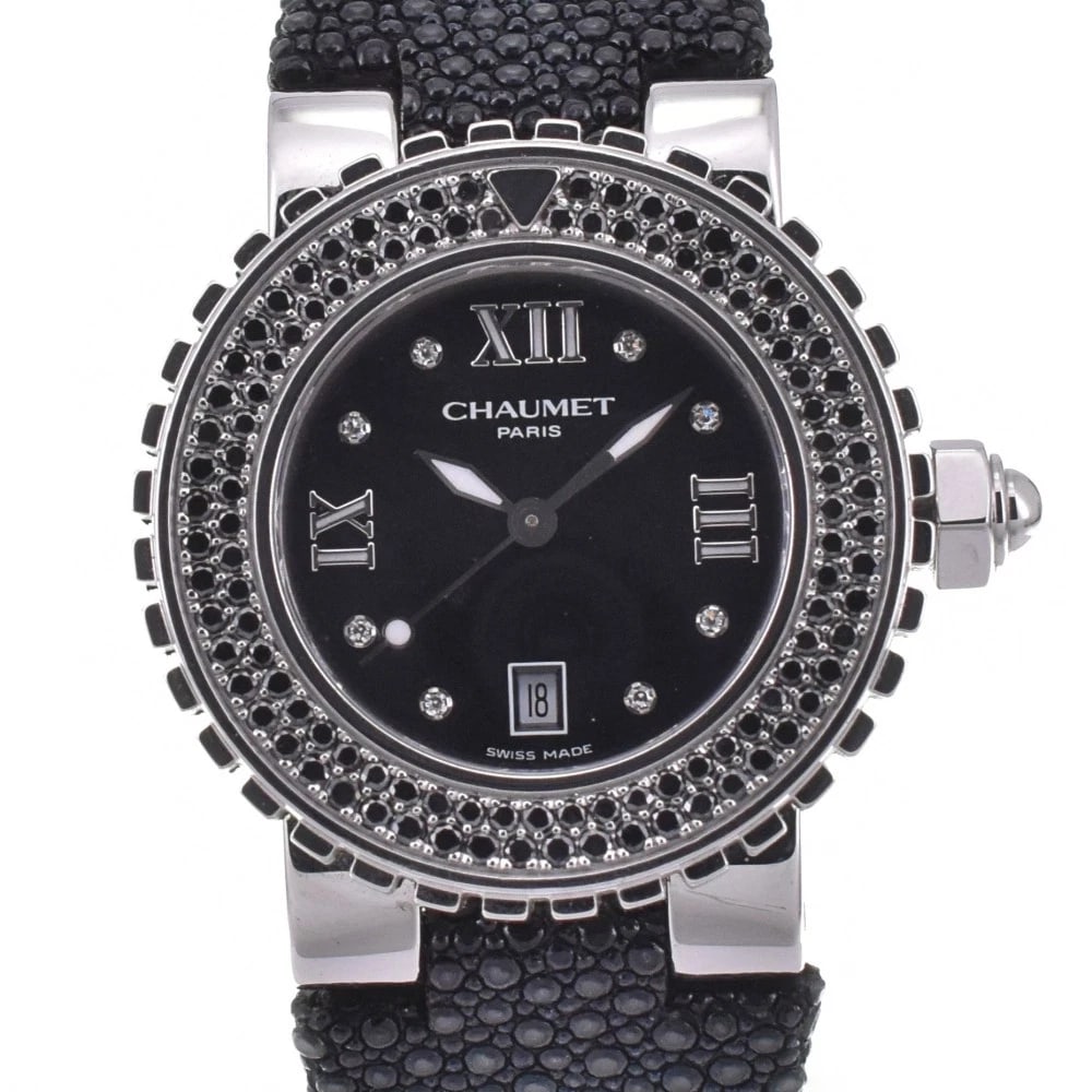 CHAUMET CLASS BLACK DIAMOND WATCH: Chaumet Class Black Diamond Watch Brand: Chaumet Type: Wristwatch Material: Band Material rubber, Case Material Stainless Steel Color: Dial Color black, Case Color Silver Band Color gray Size: