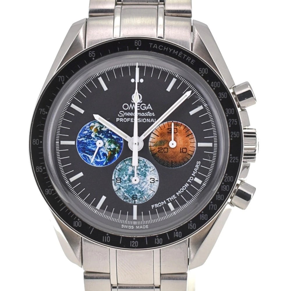 OMEGA SPEEDMASTER FROM THE MOON TO MARS WATCH: OMEGA Speedmaster from the Moon to Mars Watch Brand: OMEGA Type: Wristwatch Material: Band Material Stainless Steel, Case Material Stainless Steel Color: Dial Color black, Case Color Silver