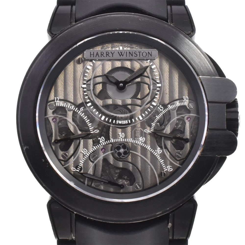 HARRY WINSTON OCEAN TRIRETRO CHRONOGRAPH WATCH: HARRY WINSTON Ocean Triretro Chronograph Watch Brand: HARRY WINSTON Type: Wristwatch Material: Band Material rubber, Case Material Therium Color: Dial Color gray, Case Color black Band Color