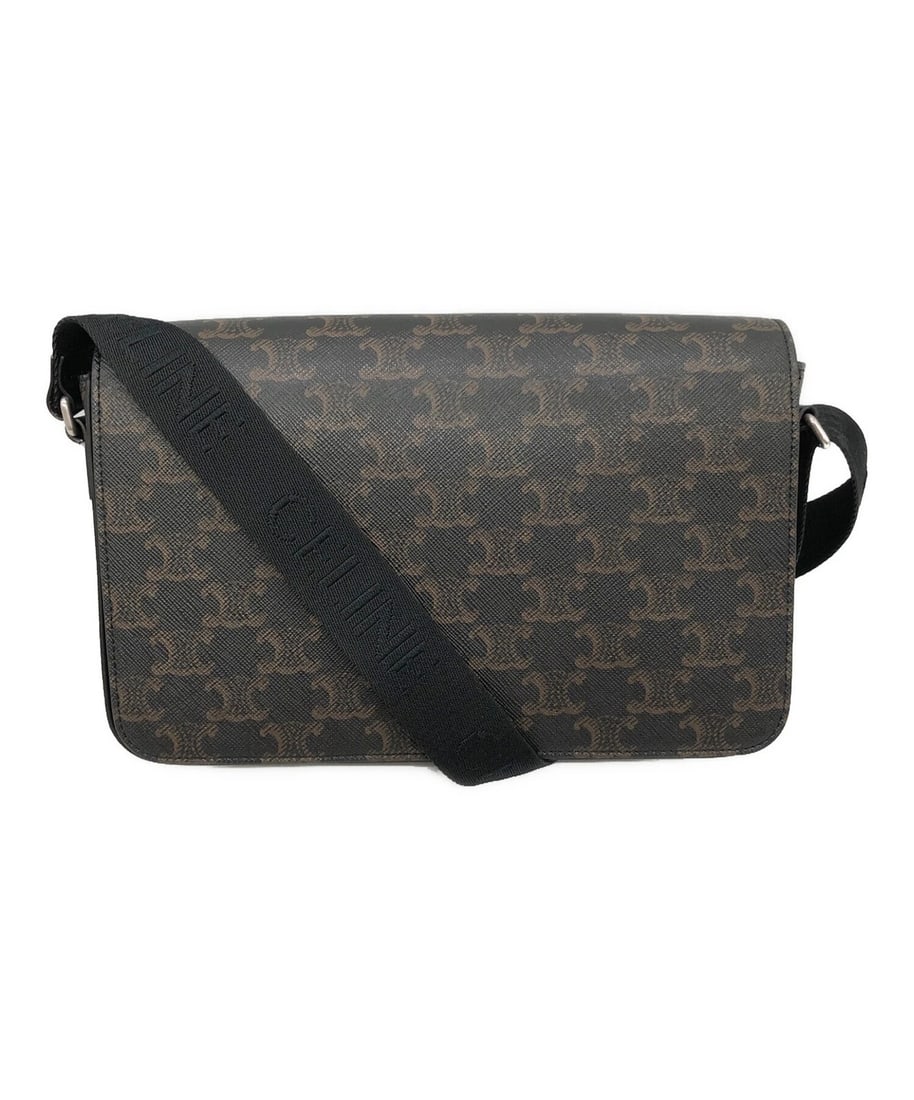 CELINE FLAP MESSENGER BAG / TRIOMPHE CANVAS & CALFSKIN HANDBAG: CELINE Flap Messenger Bag / Triomphe Canvas & Calfskin Handbag Brand: CELINE Type: Handbag Material: none Color: Black Size: H:16.0cm / W:24.5cm / D:5.5cm Accessories: None Accessories