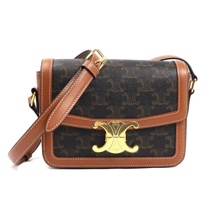 CELINE TRIOMPHE TEEN SHOULDER BAG BROWN HANDBAG: CELINE Triomphe Teen Shoulder Bag Brown Handbag Brand: CELINE Type: Handbag Material: Pvc And Calfskin Color: Brown Size: W18.5cm x H14cm x D6cm Accessories: None Accessories Notice: When