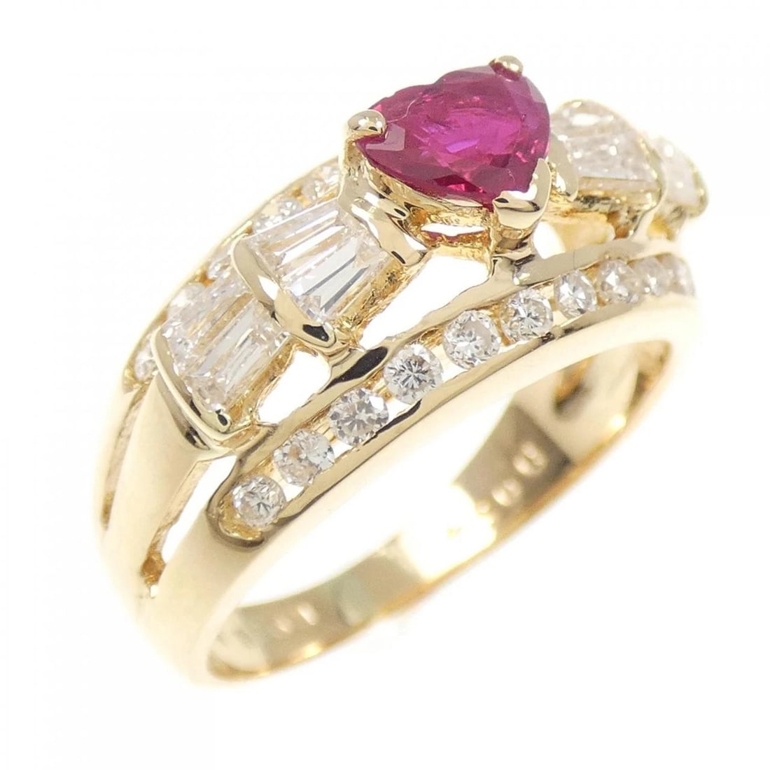 K18YG HEART RUBY RING: K18YG Heart Ruby Ring Brand: Unbranded Type: Ring Material: K18 Yellow Gold, Main Stone/Creation RUBY Color: Yellow Gold Size: 4.5-5 US Accessories: None Accessories Notice: When purchasing