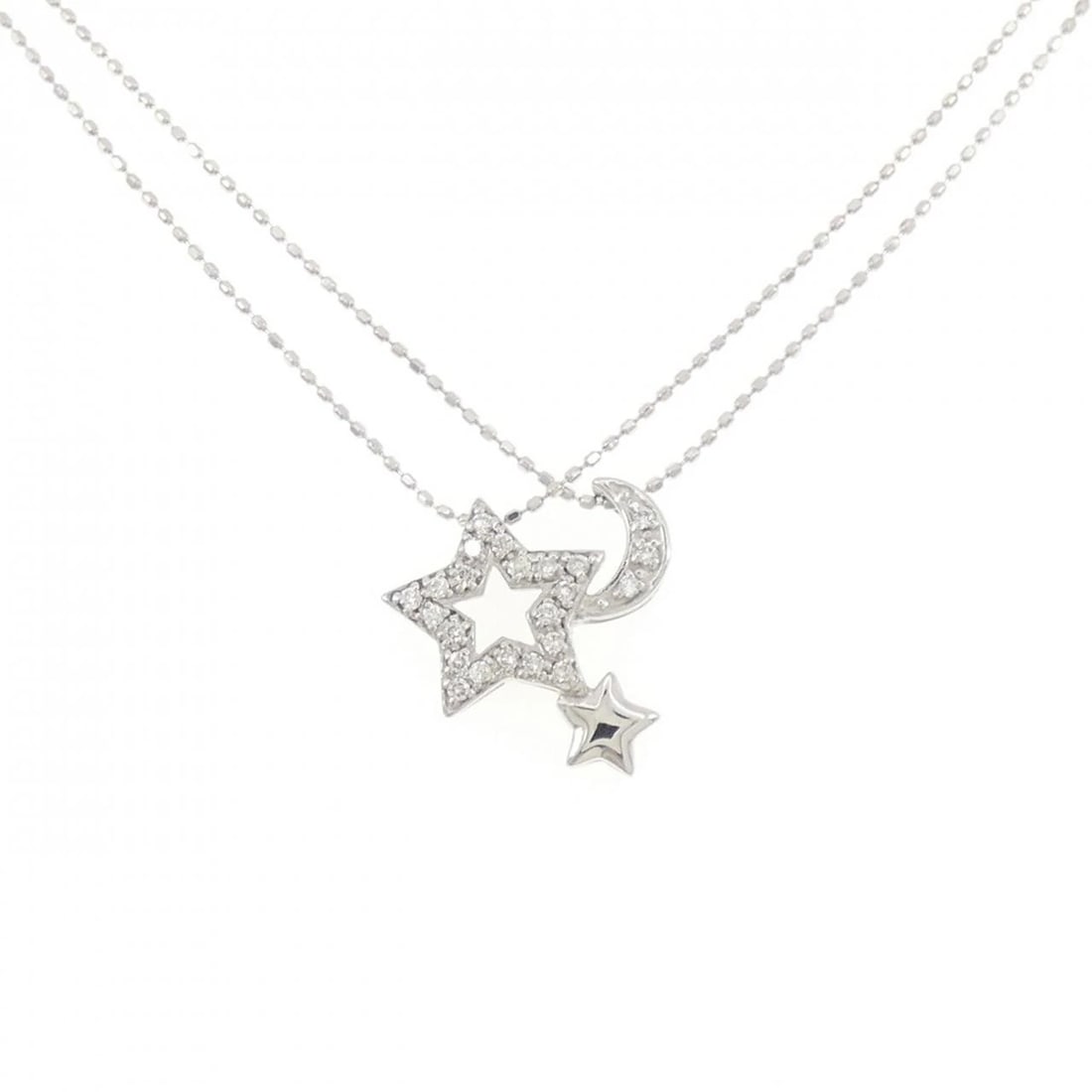 K18WG STAR X MOON DIAMOND NECKLACE: K18WG Star x Moon Diamond Necklace Brand: Unbranded Type: Necklace Material: K18 White Gold, Main Stone/Creation Natural Color: White Gold Size: 40cmActualSize Pendant top H x W: 15.7mmx15.2mm