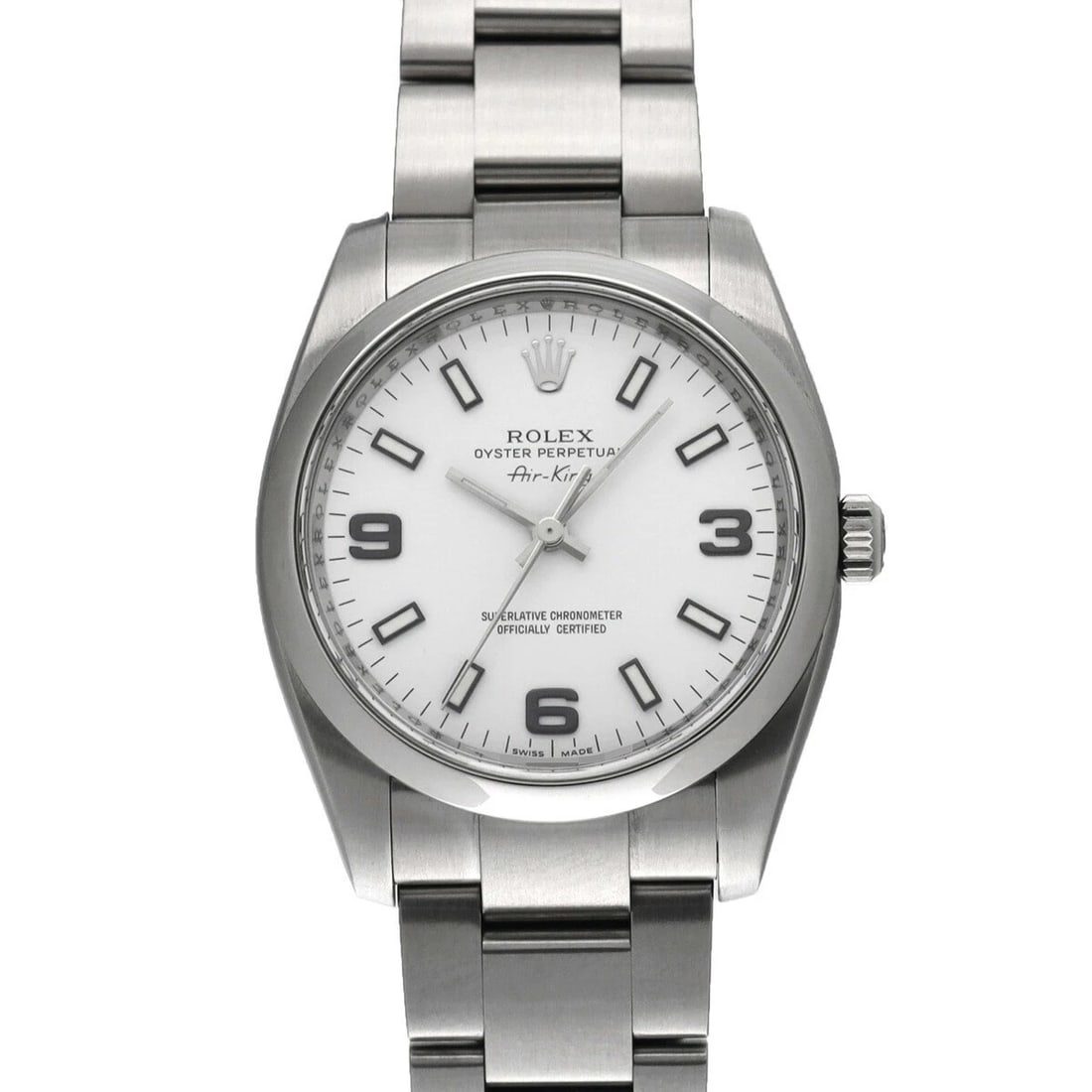 ROLEX AIR KING WHITE WATCH: ROLEX Air King White Watch Brand: ROLEX Type: Wristwatch Material: Band Material Stainless, Case Material Sapphire Crystal Color: Band Color White Size: Band Size 18.5cm, Case Size 34×34mm 