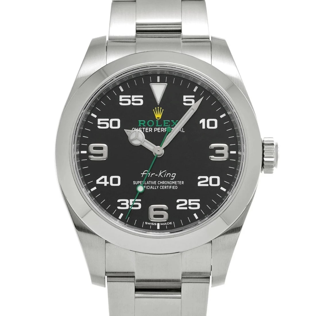 ROLEX AIR KING BLACK WATCH: ROLEX Air King Black Watch Brand: ROLEX Type: N/A Material: Band Material Stainless, Case Material Sapphire Crystal Color: Band Color Black Size: Band Size none, Case Size 40×40mm Accessories: N