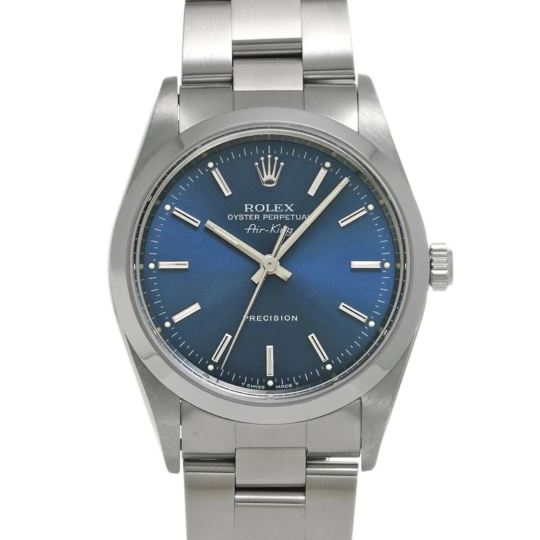 ROLEX AIR KING BLUE WATCH: ROLEX Air King Blue Watch Brand: ROLEX Type: N/A Material: Band Material Stainless, Case Material Sapphire Crystal Color: Band Color Blue Size: Band Size 17cm, Case Size 34×34mm Accessories: Non