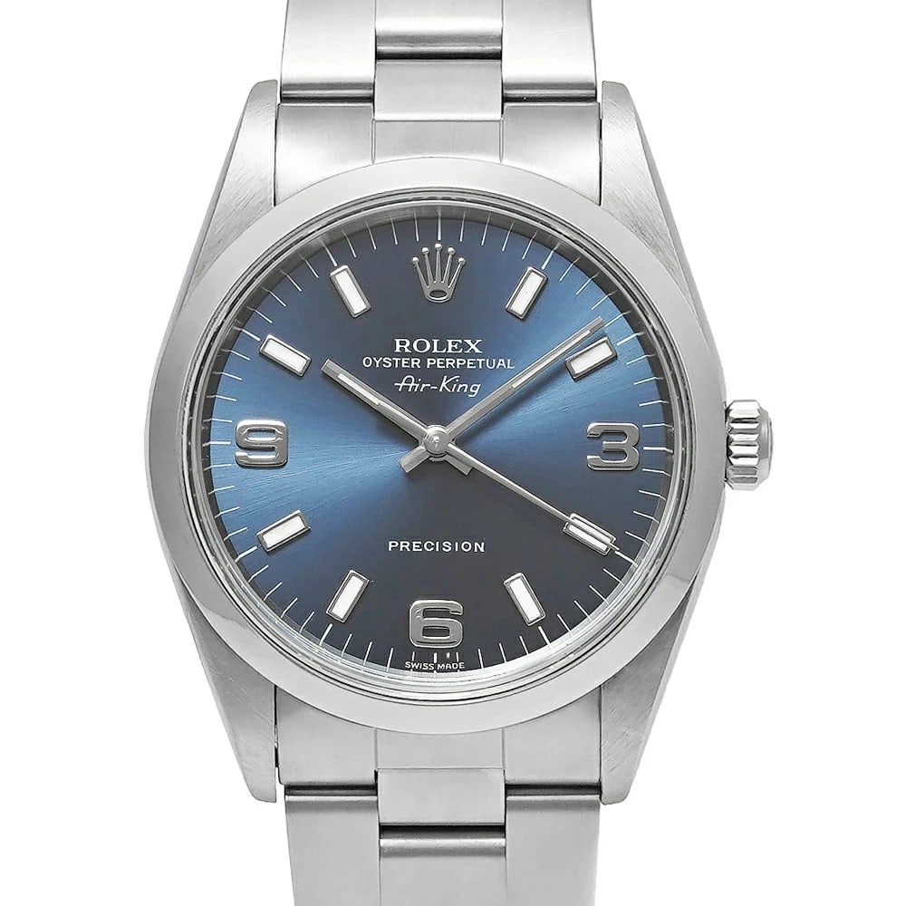 ROLEX AIR KING BLUE WATCH: ROLEX Air King Blue Watch Brand: ROLEX Type: N/A Material: Band Material Stainless Steel, Case Material N/A Color: Band Color Blue Size: Band Size N/A, Case Size 34mm x 34mm Accessories: None