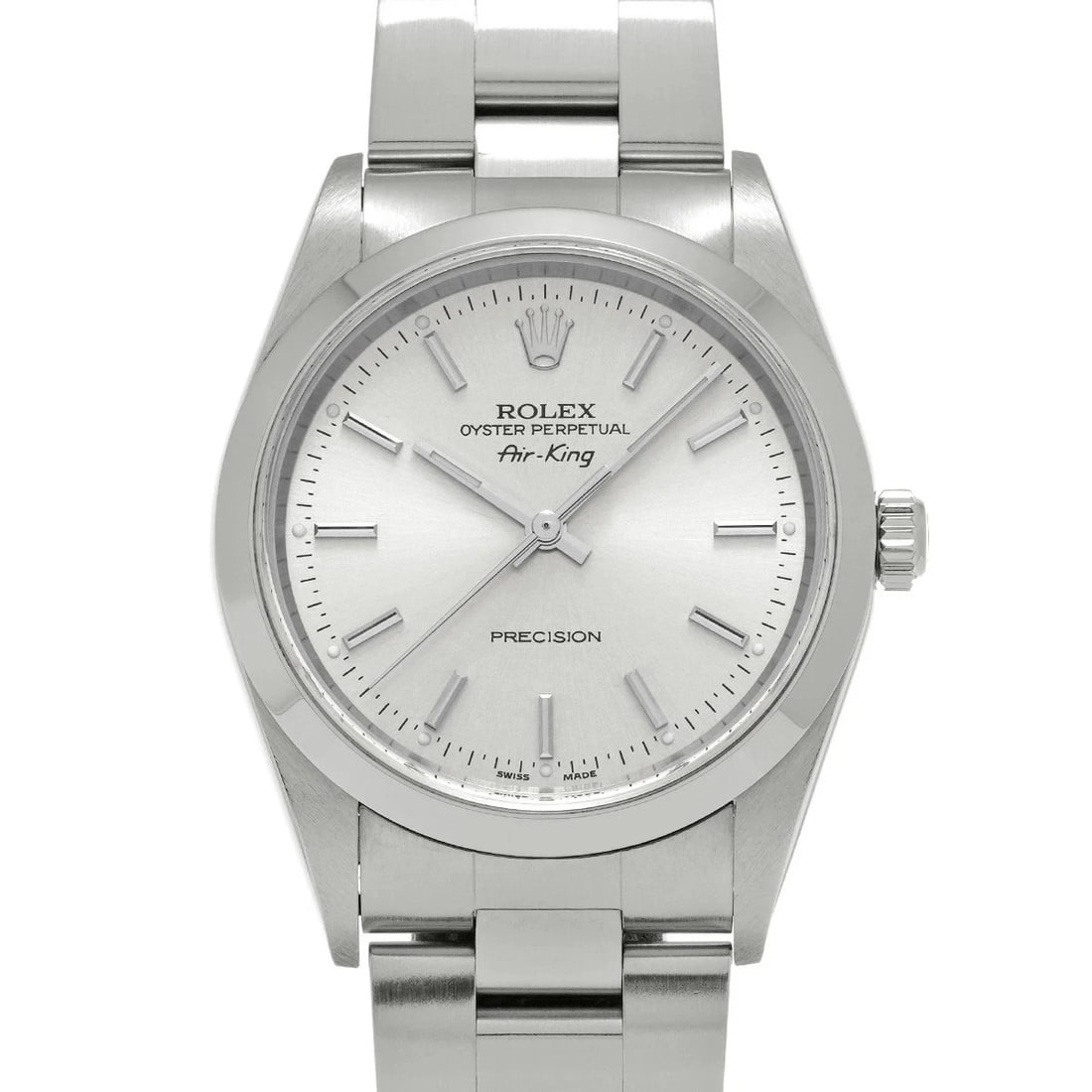 ROLEX AIR KING SILVER WATCH: ROLEX Air King Silver Watch Brand: ROLEX Type: N/A Material: Band Material Stainless, Case Material Sapphire Crystal Color: Band Color Silver Size: Band Size none, Case Size 34×34mm 