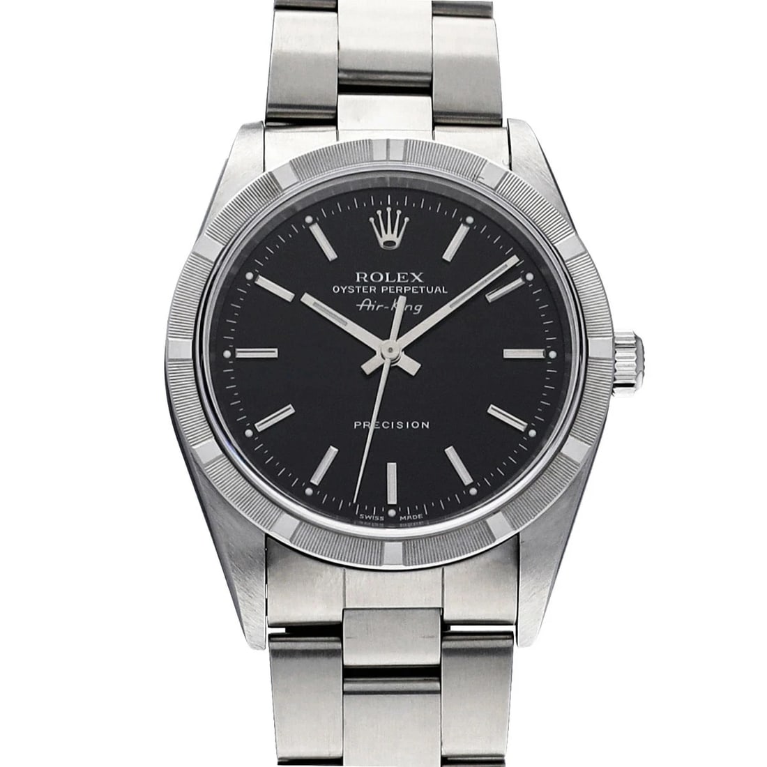 ROLEX AIR KING BLACK WATCH: ROLEX Air King Black Watch Brand: ROLEX Type: N/A Material: Band Material Stainless, Case Material Sapphire Crystal Color: Band Color Black Size: Band Size 19cm, Case Size 34×34mm Accessories: N