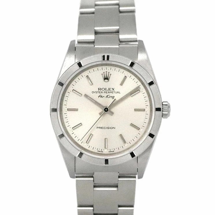 ROLEX AIR KING SILVER WATCH: ROLEX Air King Silver Watch Brand: ROLEX Type: N/A Material: Band Material Ss (Stainless Steel), Case Material N/A Color: Band Color Silver Size: Band Size none, Case Size 34.0mm Accessories: