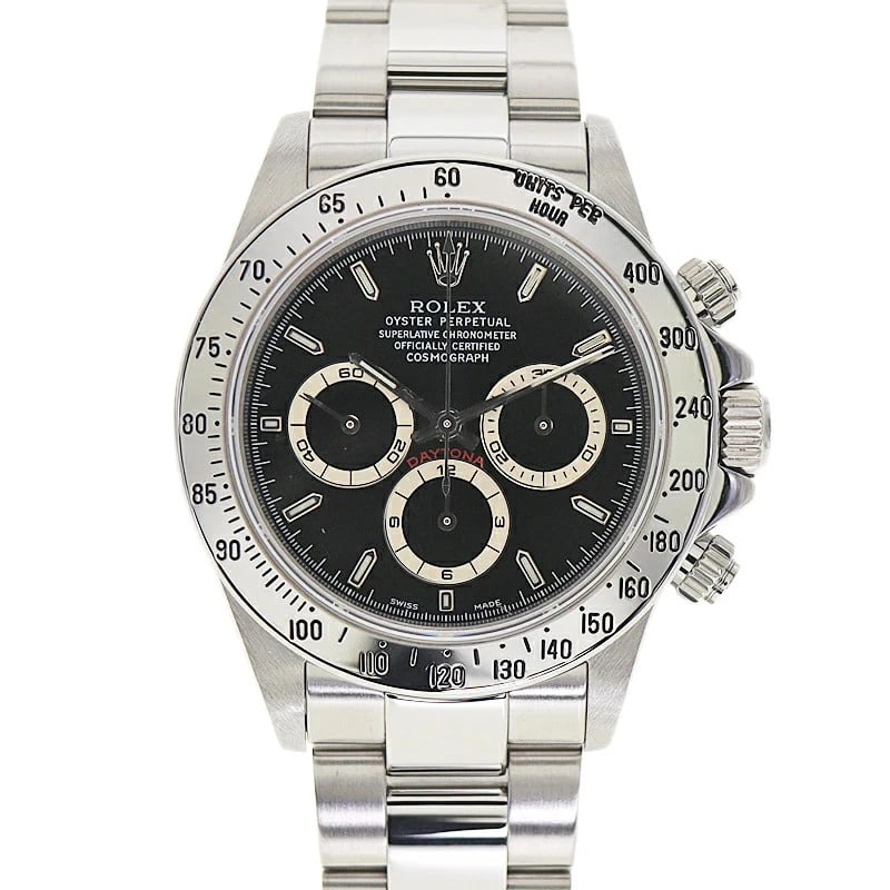 ROLEX COSMOGRAPH DAYTONA BLACK WATCH: ROLEX Cosmograph Daytona Black Watch Brand: ROLEX Type: Wristwatch Material: Band Material Ss (Stainless Steel), Case Material NA Color: Band Color Black Size: Band Size 17.5cm, Case Size 40mm Ac