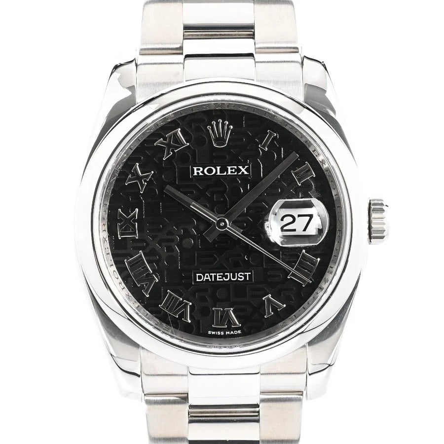 ROLEX DATEJUST BLACK WATCH: ROLEX Datejust Black Watch Brand: ROLEX Type: N/A Material: Band Material Stainless Steel/Bracelet, Case Material N/A Color: Band Color Black Size: Band Size none, Case Size 36mm Accessories: