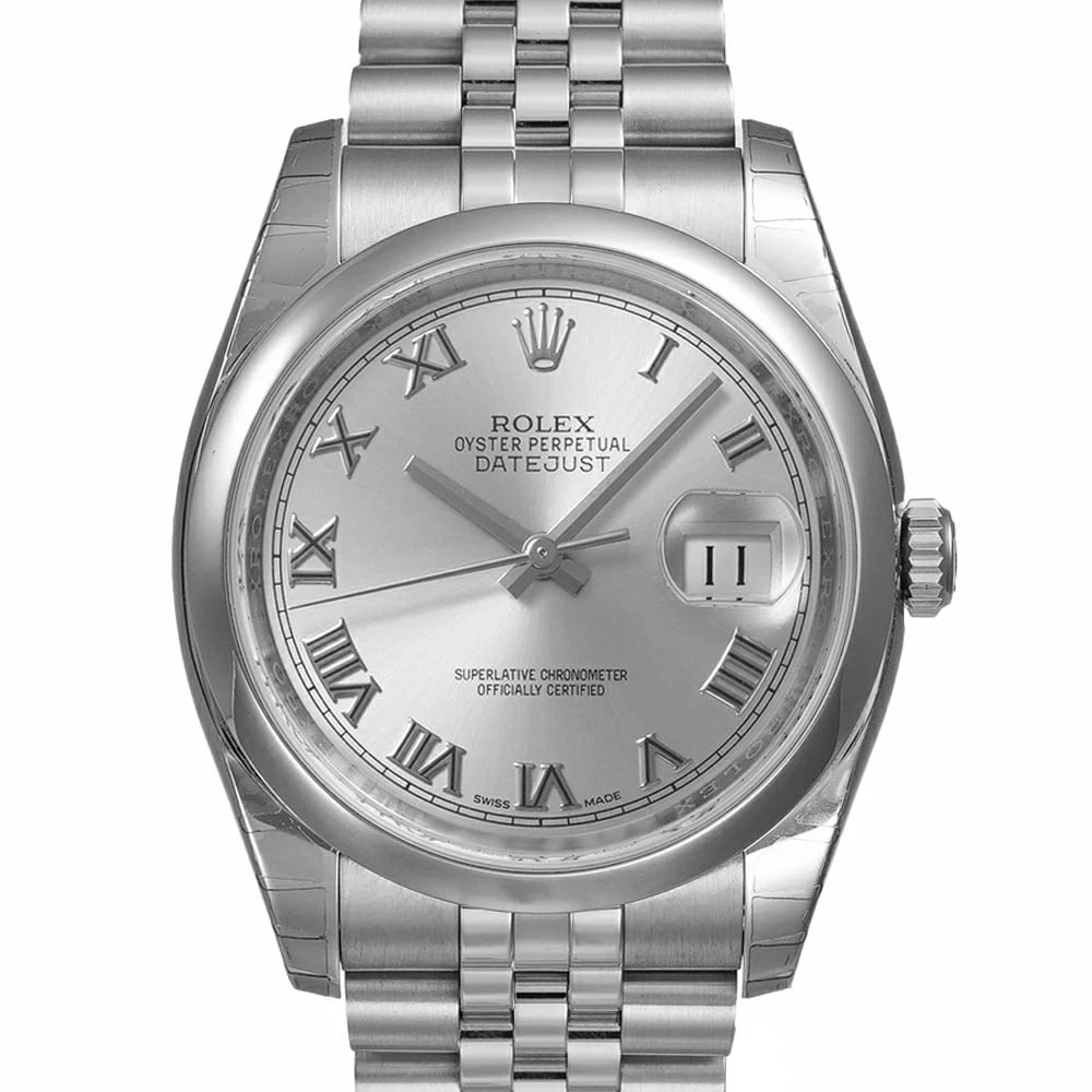 ROLEX DATEJUST SILVER WATCH: ROLEX Datejust Silver Watch Brand: ROLEX Type: N/A Material: Band Material Stainless Steel, Case Material N/A Color: Band Color Silver Size: Band Size N/A, Case Size 36mm x 36mm Accessories: None