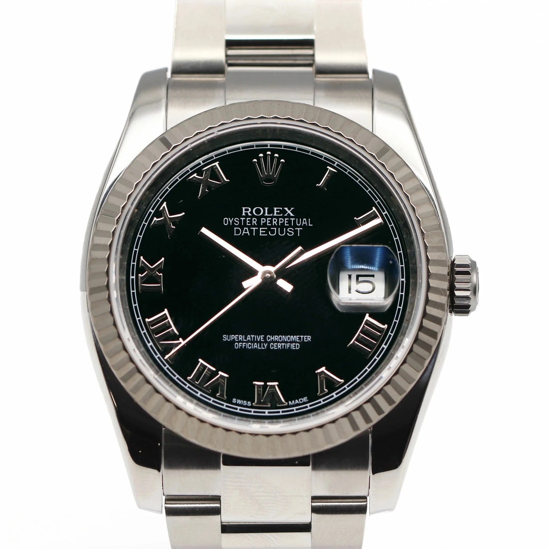ROLEX DATEJUST BLACK WATCH: ROLEX Datejust Black Watch Brand: ROLEX Type: N/A Material: Band Material Ss (Stainless Steel) X Wg (White Gold), Case Material N/A Color: Band Color Black Size: Band Size none, Case Size