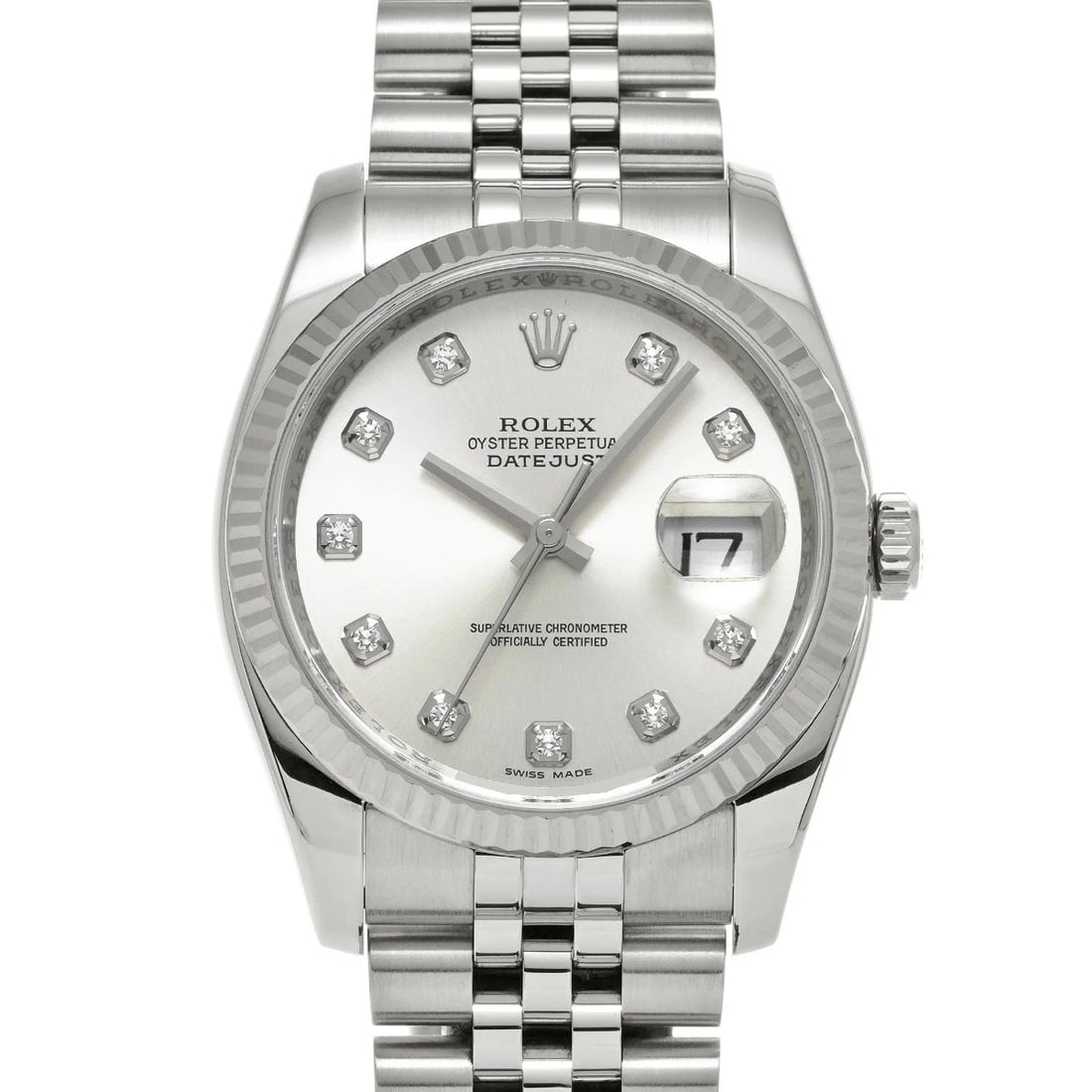 ROLEX DATEJUST SILVER WATCH: ROLEX Datejust Silver Watch Brand: ROLEX Type: N/A Material: Band Material Stainless, Case Material Sapphire Crystal Color: Band Color Silver Size: Band Size none, Case Size 36×36mm Accessories:
