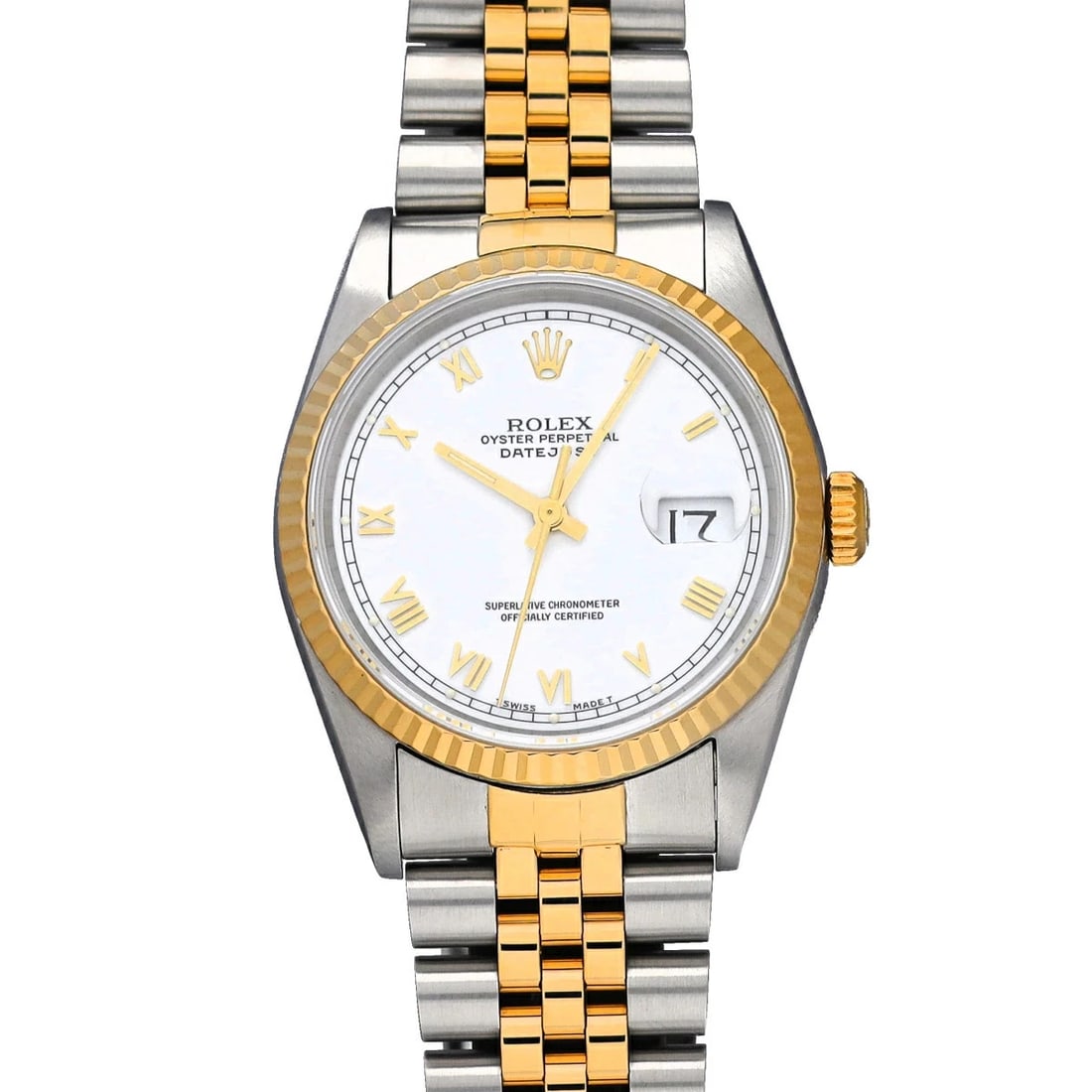 ROLEX DATEJUST WHITE WATCH: ROLEX Datejust White Watch Brand: ROLEX Type: N/A Material: Band Material Stainless, Case Material Sapphire Crystal Color: Band Color White Size: Band Size none, Case Size 36×36mm Accessories: N