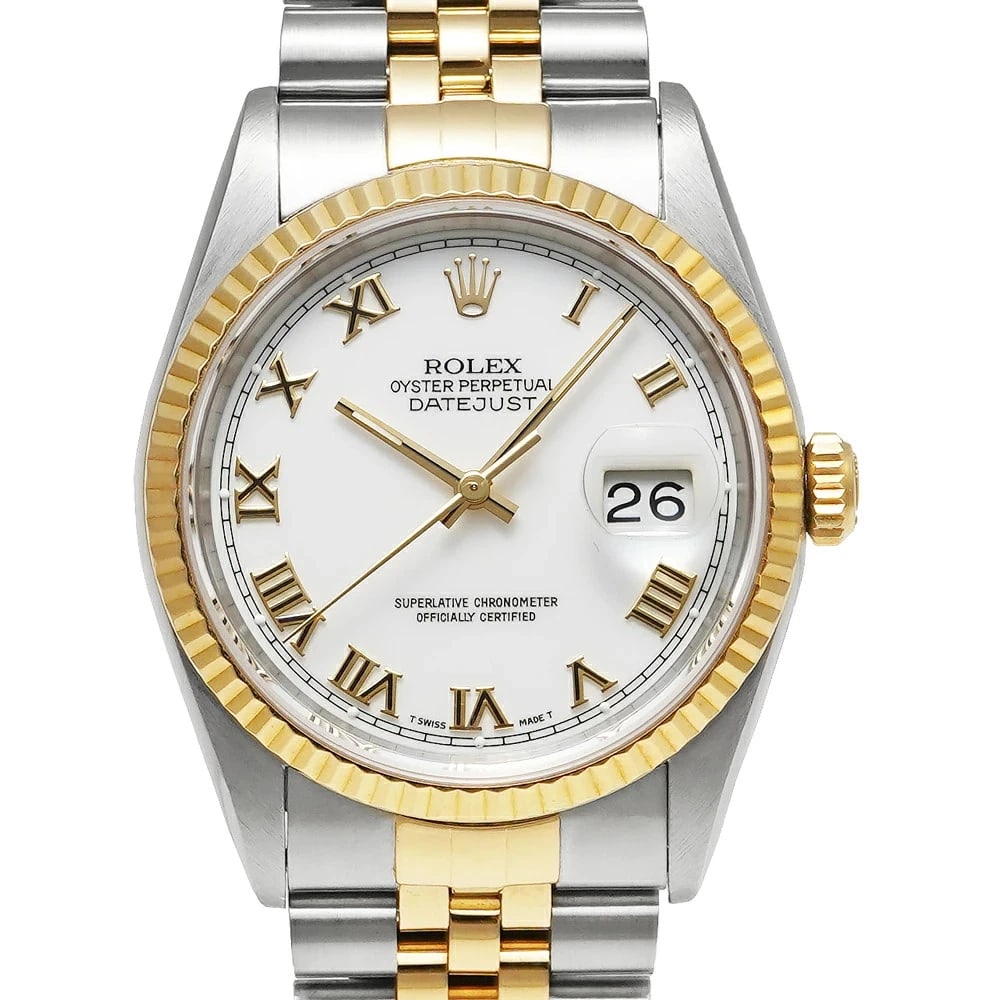ROLEX DATEJUST WHITE WATCH: ROLEX Datejust White Watch Brand: ROLEX Type: N/A Material: Band Material Stainless Steel And Yellow Gold, Case Material N/A Color: Band Color White Size: Band Size none, Case Size 36mm x 36mm