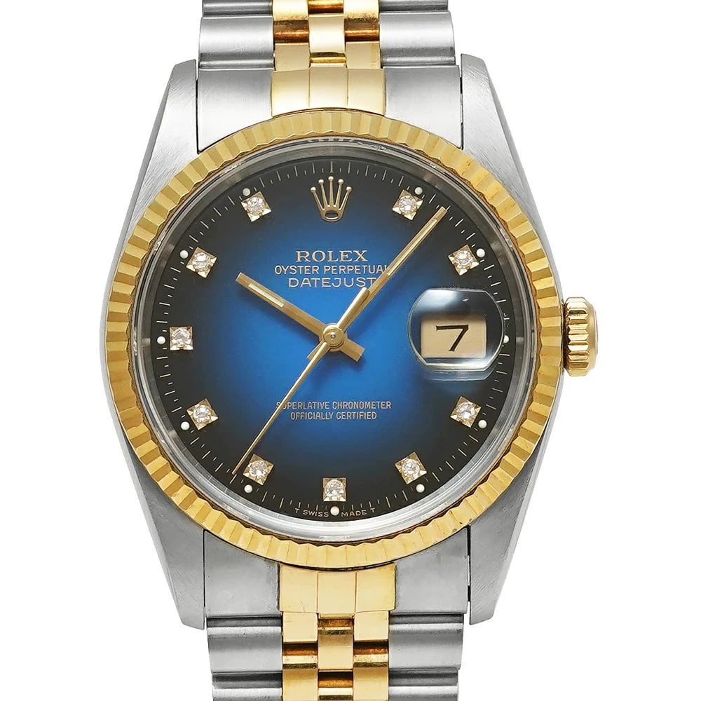 ROLEX DATEJUST BLUE WATCH: ROLEX Datejust Blue Watch Brand: ROLEX Type: N/A Material: Band Material Stainless Steel And Yellow Gold, Case Material N/A Color: Band Color Blue Size: Band Size none, Case Size 36mm x 36mm Acce