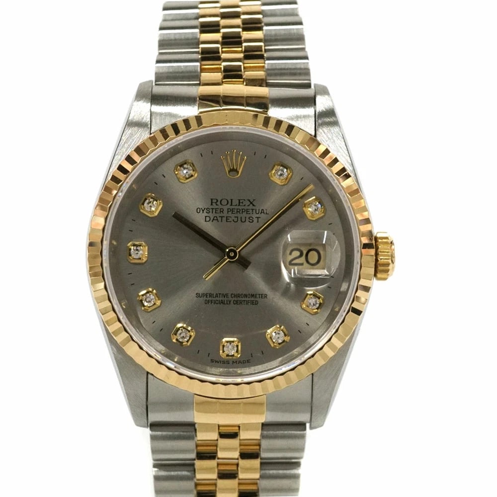 ROLEX DATEJUST SILVER WATCH: ROLEX Datejust Silver Watch Brand: ROLEX Type: N/A Material: Band Material Ss×Yg (Stainless Steel×Yellow Gold), Case Material N/A Color: Band Color Silver Size: Band Size none, Case Size 36mm A