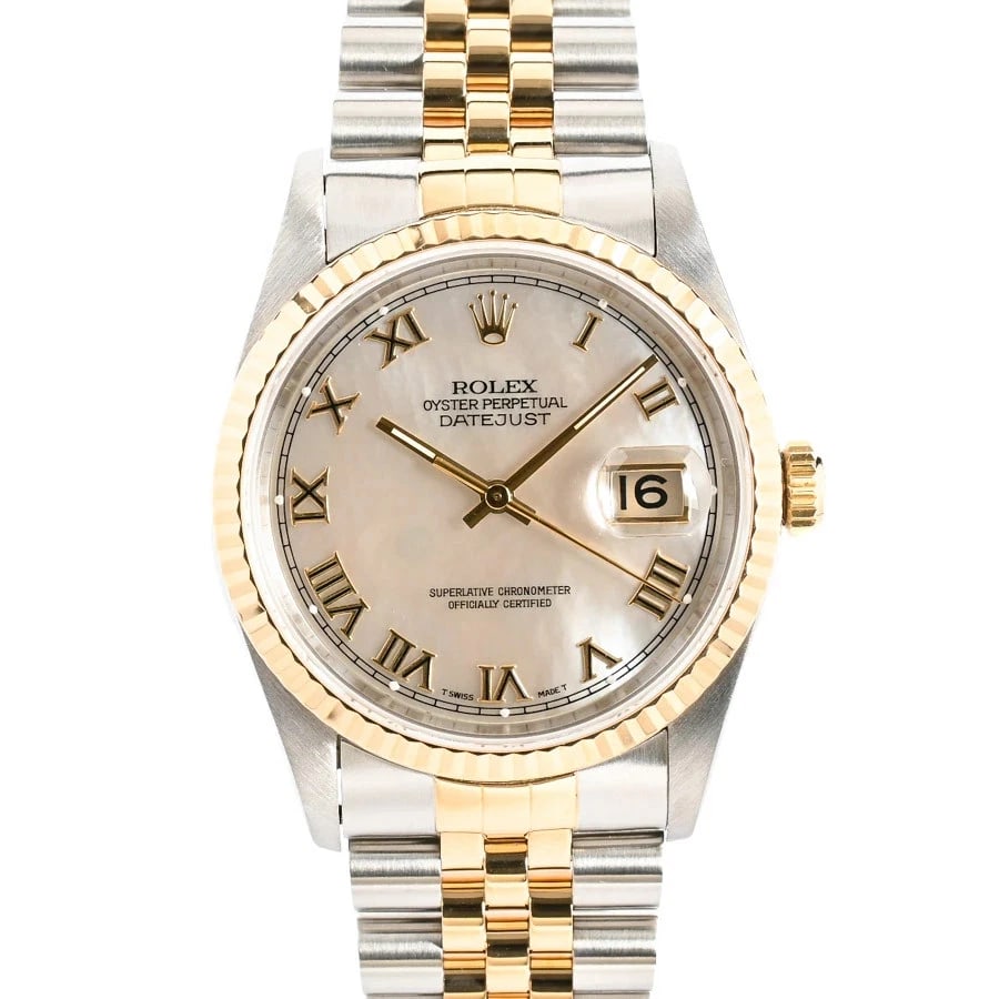 ROLEX DATEJUST WHITE WATCH: ROLEX Datejust White Watch Brand: ROLEX Type: N/A Material: Band Material Stainless Steel/Yellow Gold/Bracelet, Case Material N/A Color: Band Color White Size: Band Size none, Case Size 36mm (actu