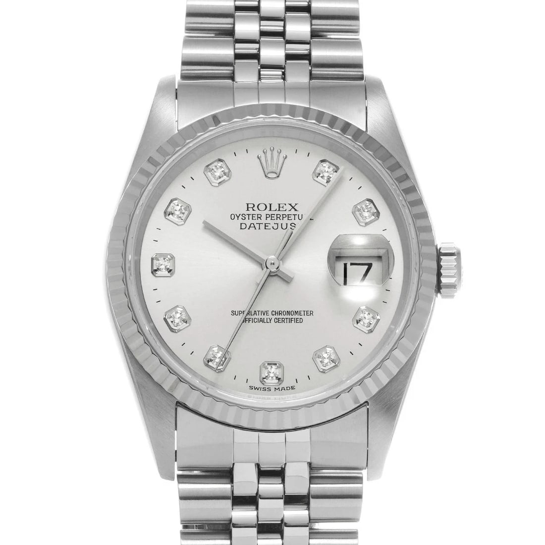 ROLEX DATEJUST SILVER WATCH: ROLEX Datejust Silver Watch Brand: ROLEX Type: N/A Material: Band Material Stainless, Case Material Sapphire Crystal Color: Band Color Silver Size: Band Size 20cm, Case Size 36×36mm Accessories: