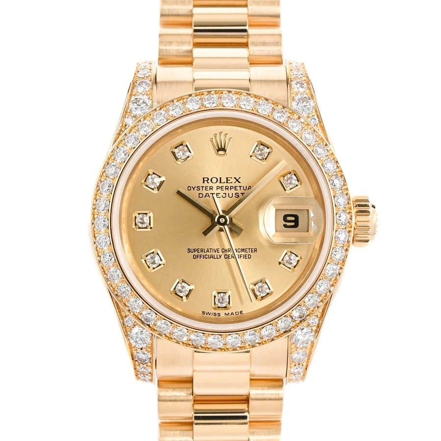 ROLEX DATEJUST YELLOW WATCH: ROLEX Datejust Yellow Watch Brand: ROLEX Type: N/A Material: Band Material Yellow Gold/Bracelet, Case Material N/A Color: Band Color Yellow Size: Band Size none, Case Size 26mm (actual size) Acce