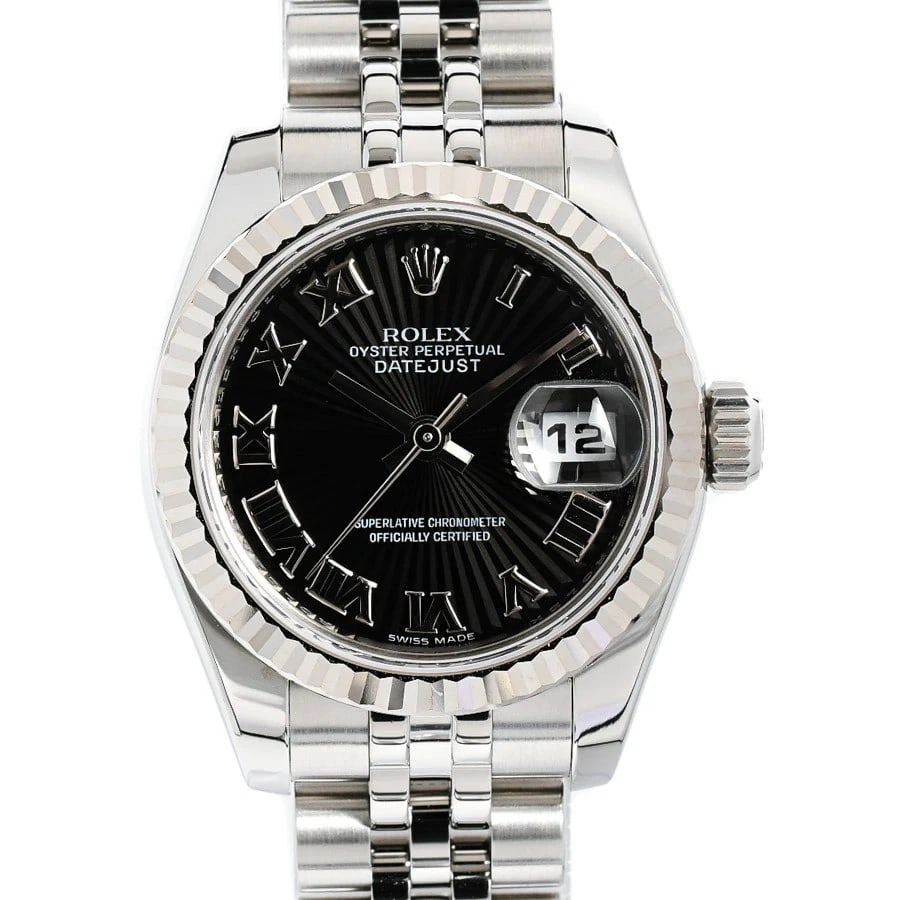 ROLEX DATEJUST BLACK WATCH: ROLEX Datejust Black Watch Brand: ROLEX Type: N/A Material: Band Material Stainless Steel/White Gold/Bracelet, Case Material N/A Color: Band Color Black Size: Band Size none, Case Size 26mm 