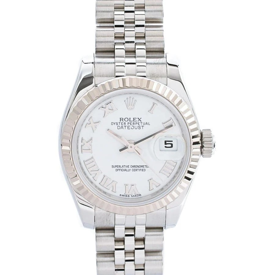 ROLEX DATEJUST WHITE WATCH: ROLEX Datejust White Watch Brand: ROLEX Type: N/A Material: Band Material Stainless Steel/White Gold/Bracelet, Case Material N/A Color: Band Color White Size: Band Size none, Case Size 26mm 