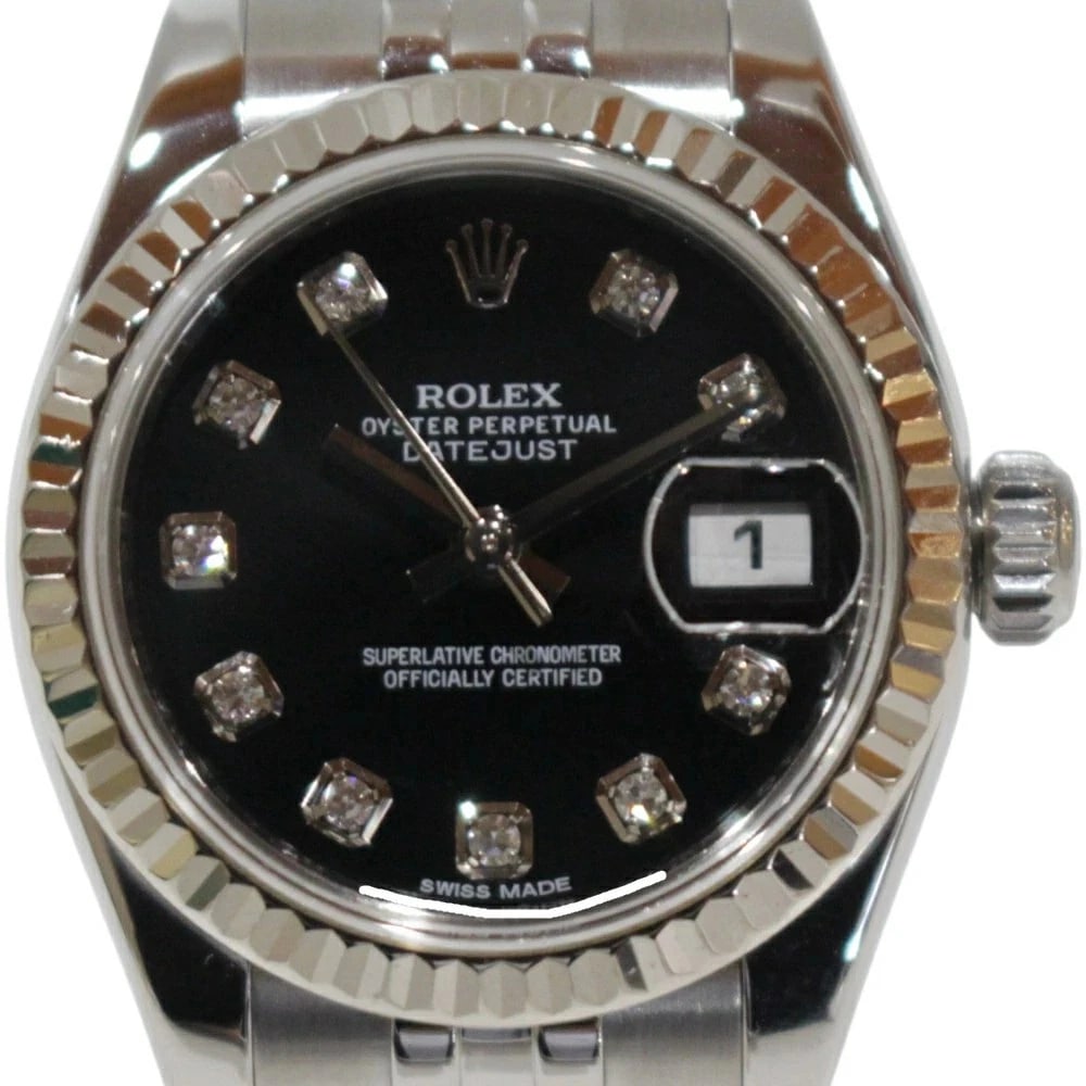 ROLEX DATEJUST BLACK WATCH: ROLEX Datejust Black Watch Brand: ROLEX Type: N/A Material: Band Material White Gold/Stainless Steel, Case Material N/A Color: Band Color Black Size: Band Size none, Case Size 26mm 