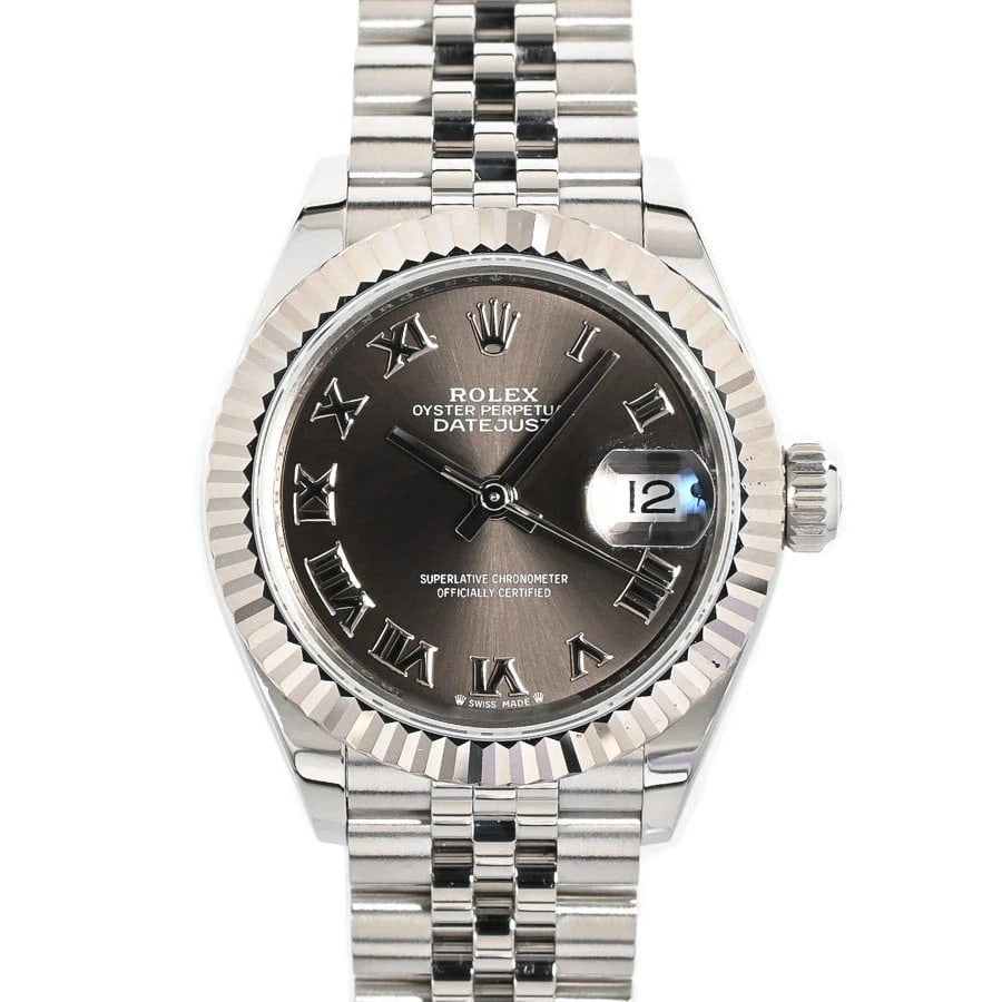 ROLEX DATEJUST GRAY WATCH: ROLEX Datejust Gray Watch Brand: ROLEX Type: N/A Material: Band Material Stainless Steel/White Gold/Bracelet, Case Material N/A Color: Band Color Gray Size: Band Size none, Case Size 28mm 