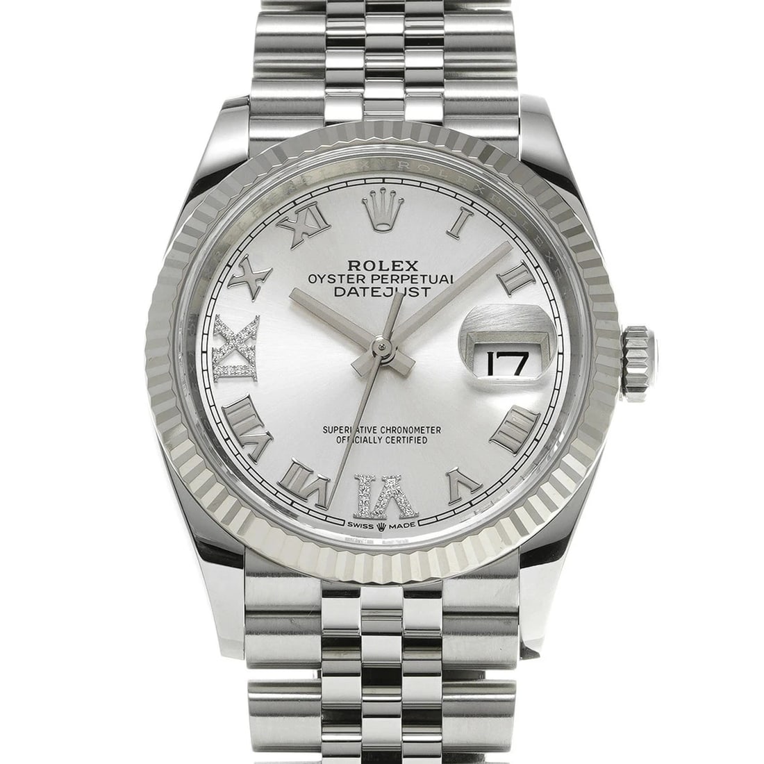 ROLEX DATEJUST SILVER WATCH: ROLEX Datejust Silver Watch Brand: ROLEX Type: N/A Material: Band Material Stainless, Case Material Sapphire Crystal Color: Band Color Silver Size: Band Size none, Case Size 36×36mm Accessories: