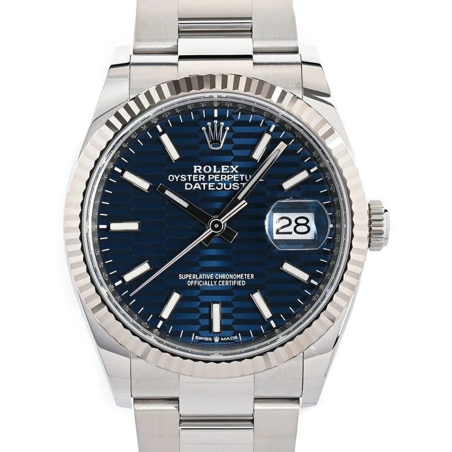 ROLEX DATEJUST BLUE WATCH: ROLEX Datejust Blue Watch Brand: ROLEX Type: N/A Material: Band Material Stainless Steel/White Gold/Bracelet, Case Material N/A Color: Band Color Blue Size: Band Size none, Case Size 36mm 
