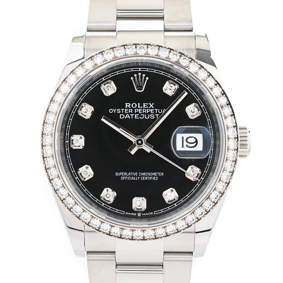ROLEX DATEJUST BLACK WATCH: ROLEX Datejust Black Watch Brand: ROLEX Type: N/A Material: Band Material Stainless Steel/White Gold/Bracelet, Case Material N/A Color: Band Color Black Size: Band Size none, Case Size 36mm 