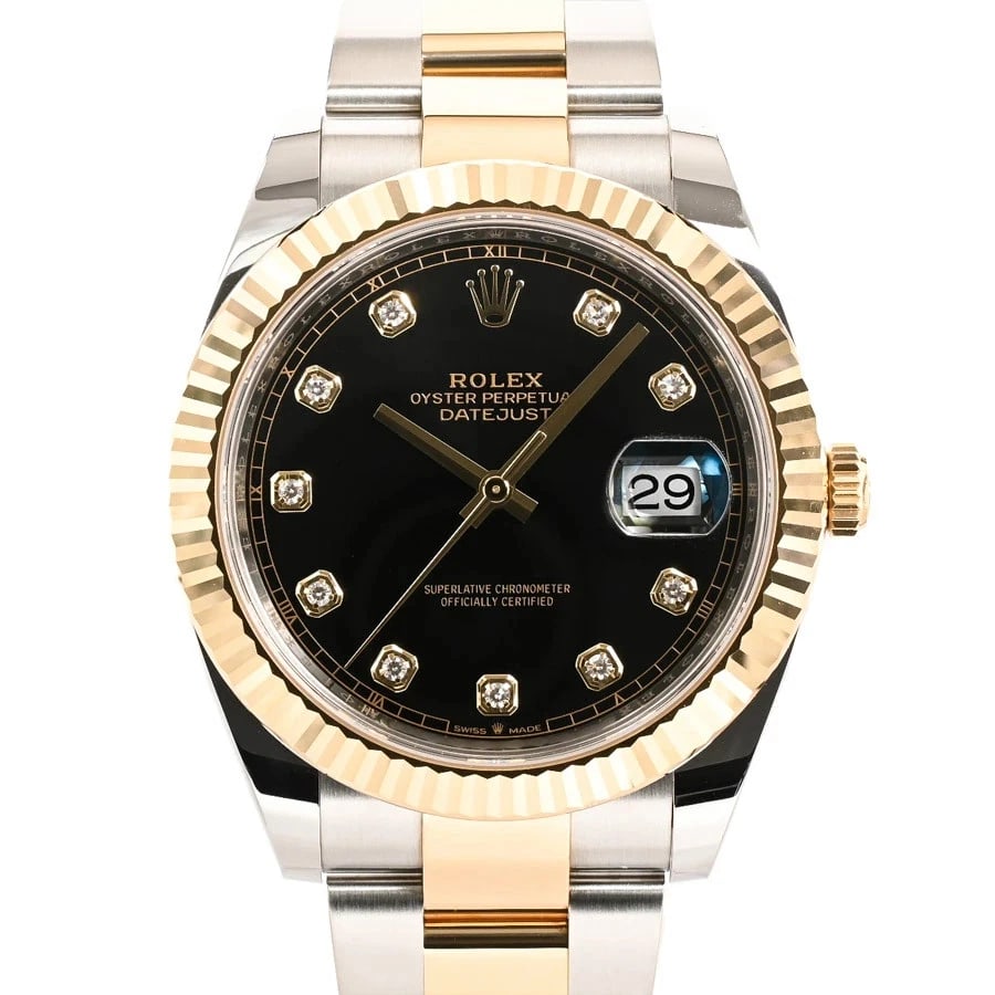 ROLEX DATEJUST BLACK WATCH: ROLEX Datejust Black Watch Brand: ROLEX Type: N/A Material: Band Material Stainless Steel/Yellow Gold/Bracelet, Case Material N/A Color: Band Color Black Size: Band Size none, Case Size 41mm 