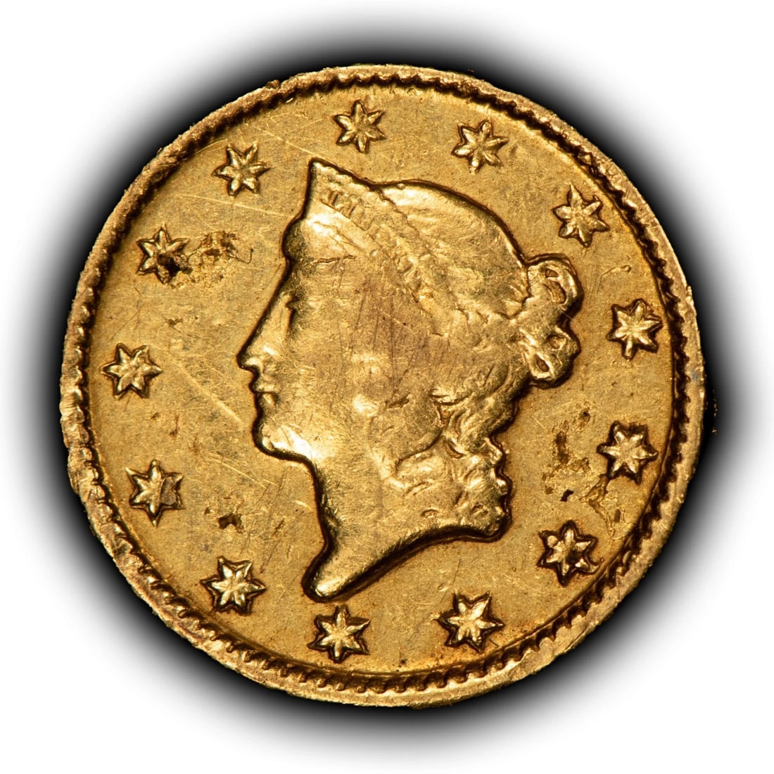 1851 G$1 LIBERTY HEAD GOLD DOLLAR: 1851 G$1 Liberty Head Gold Dollar Brand/Mint: U.S. Mint Year: 1851 Fineness: 0.9 Composition: Gold Coin: US Pre-1933 Gold Bullion Denomination: $1 Country of Origin: United States 
