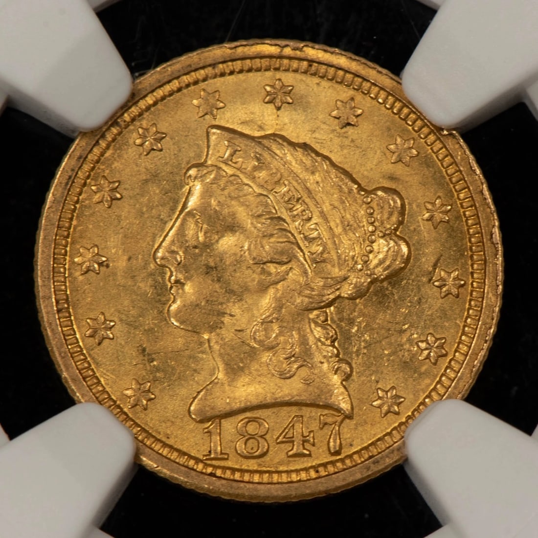 1847-O G$2.50 LIBERTY HEAD GOLD QUARTER EAGLE: 1847-O G$2.50 Liberty Head Gold Quarter Eagle Brand/Mint: U.S. Mint Year: 1847 Fineness: 0.9 Composition: Gold Coin: US Pre-1933 Gold Bullion Denomination: $2.50 Country of Origin: United