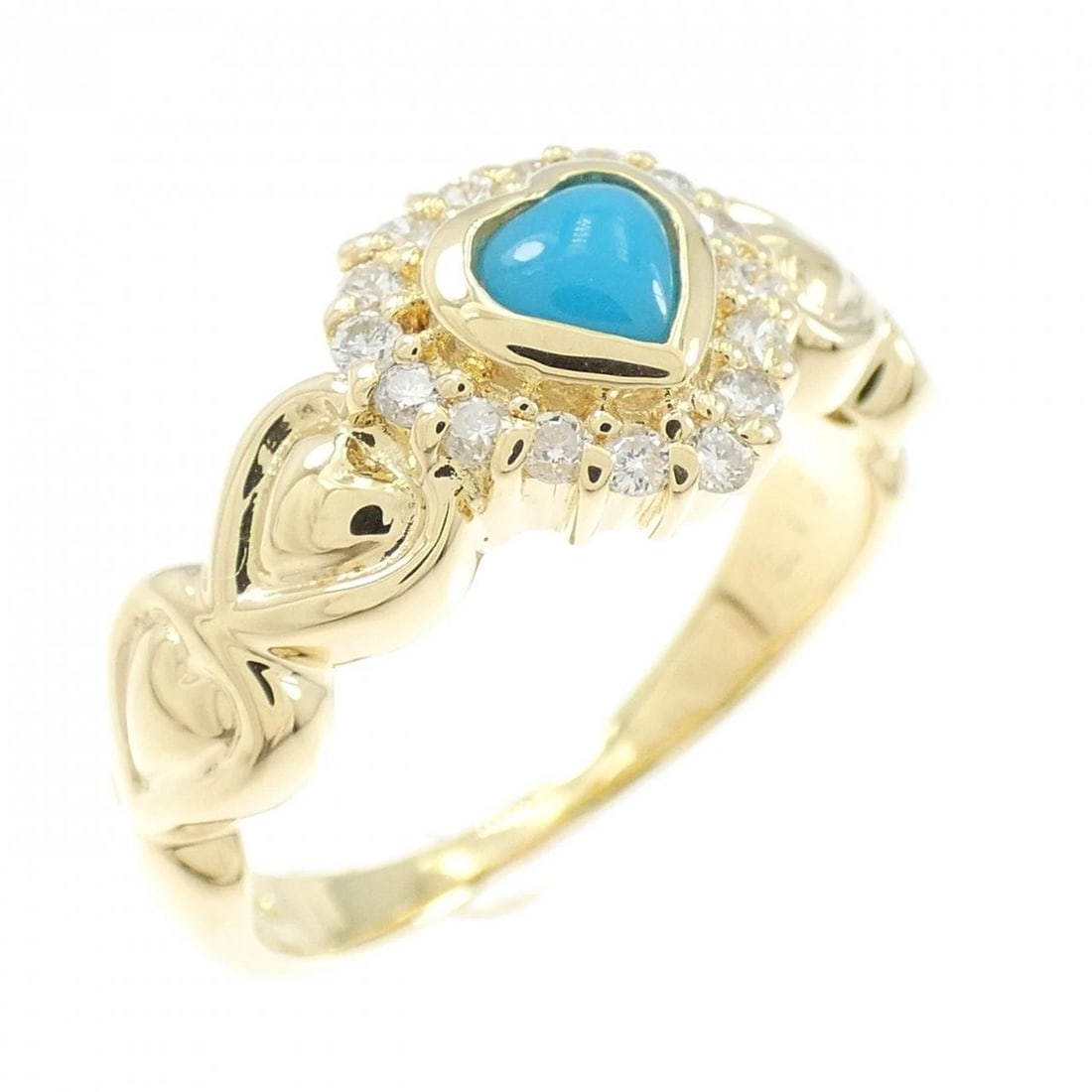 K18YG HEART TURQUOISE RING: K18YG Heart Turquoise Ring Brand: Unbranded Type: Ring Material: K18 Yellow Gold, Main Stone/Creation Main Stone TurquoiseSide Stone Diamond Color: Yellow Gold Size: 6-6.5 ( US size) 