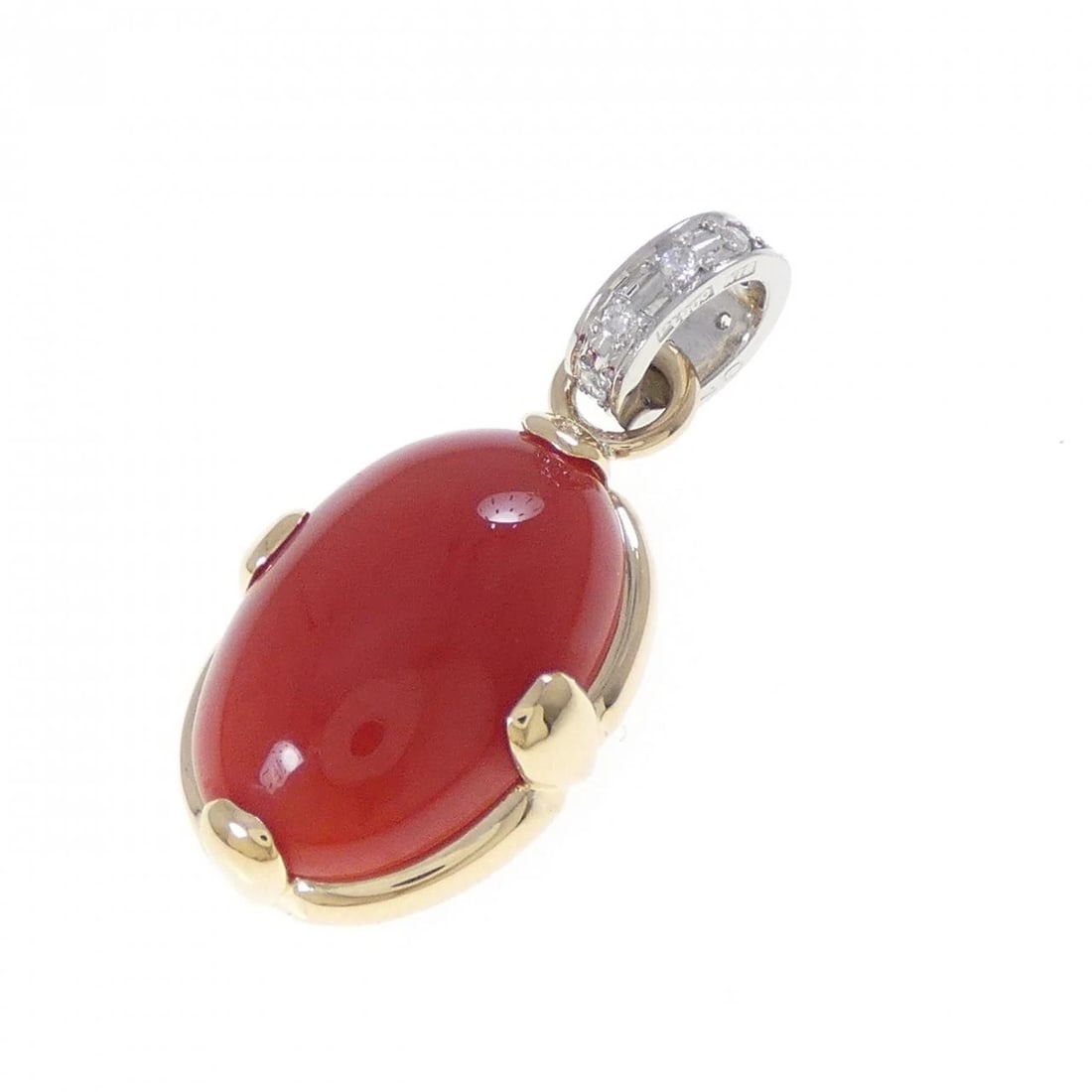 K18YG/PT900 CORAL PENDANT: K18YG/PT900 Coral Pendant Brand: Unbranded Type: Coral Pendant/Brooch Material: 900 Platinum, Main Stone/Creation Main Stone CoralSecondary Stone Diamond Color: Yellow Gold Size: Accessories: