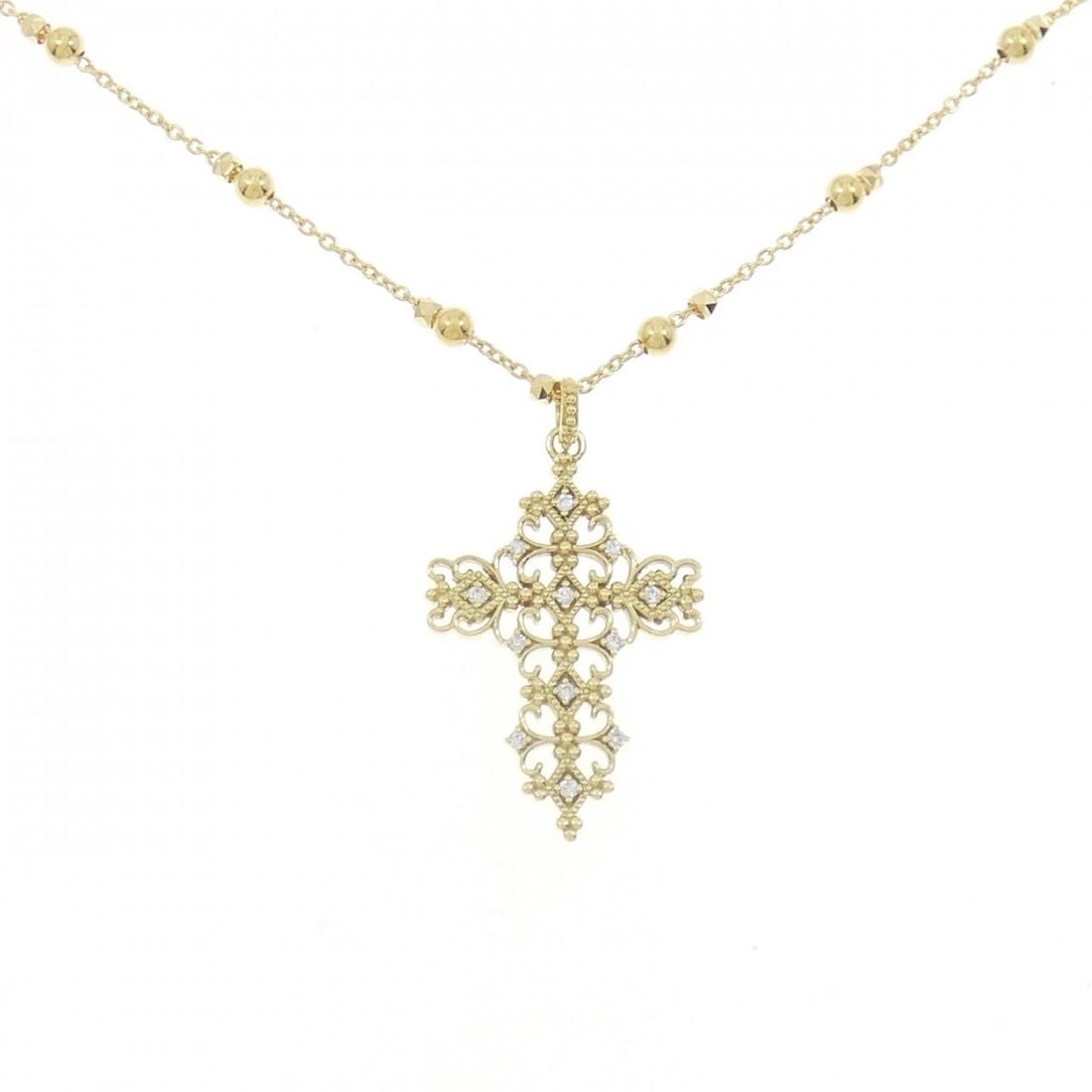 K18YG CROSS DIAMOND NECKLACE: K18YG Cross Diamond Necklace Brand: Unbranded Type: Necklace Material: K18 Yellow Gold, Main Stone/Creation Natural Color: YG Size: 40cmActualSize Pendant top H x W: 33.4mmx19.9mm Chain Max.