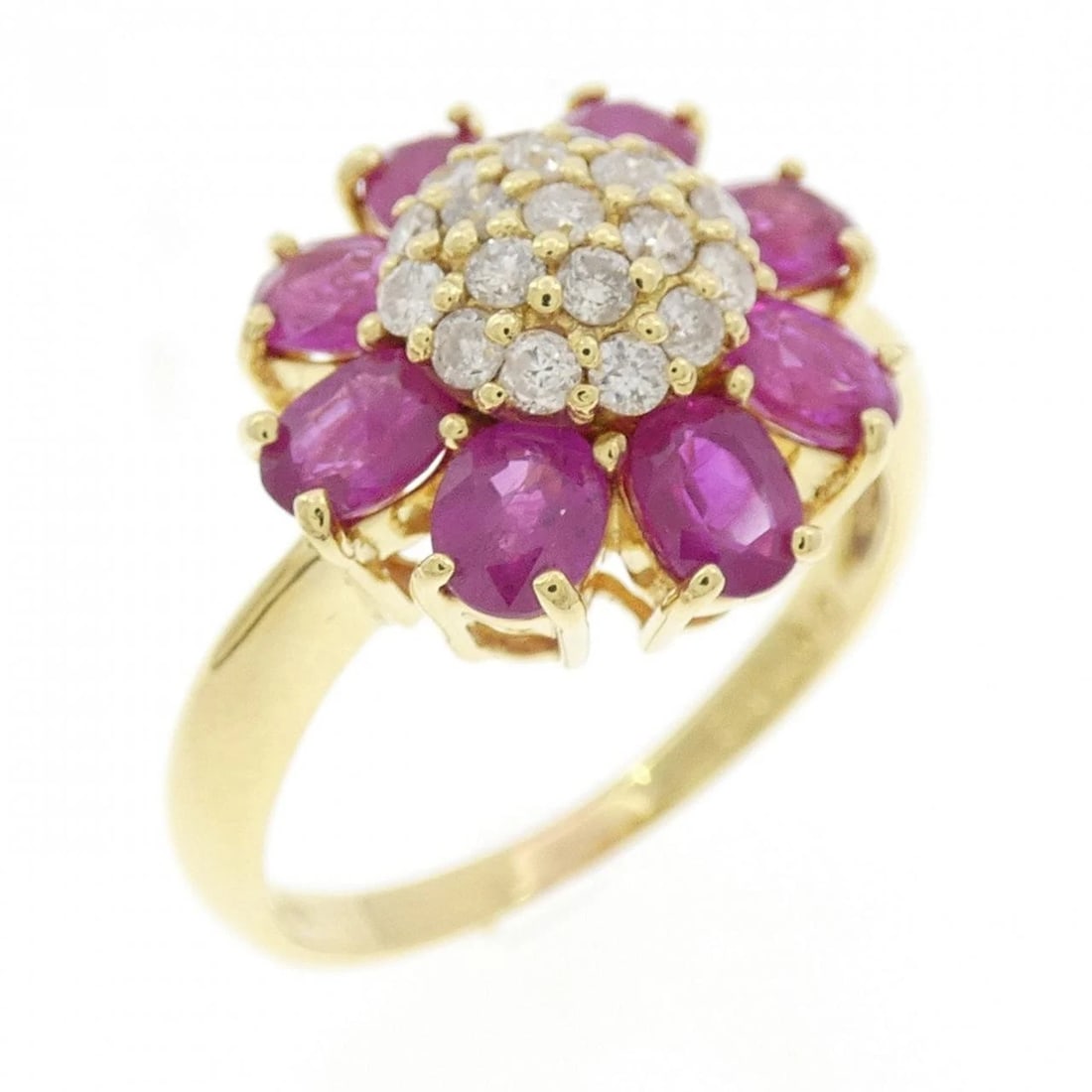 K18YG FLOWER RUBY RING: K18YG Flower Ruby Ring Brand: Unbranded Type: Ring Material: K18 Yellow Gold, Color: YG Size: 7.5-8 US Accessories: None Accessories Notice: When purchasing pre-owned goods, please refer t