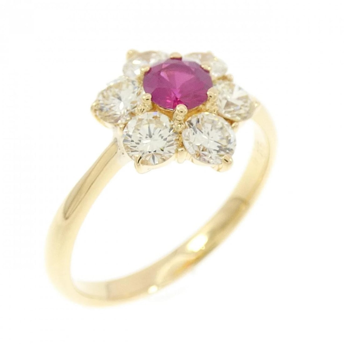 K18YG FLOWER RUBY RING: K18YG Flower Ruby Ring Brand: Unbranded Type: Ring Material: K18 Yellow Gold, Main Stone/Creation Ruby Color: Yellow Gold Size: 5.5-6 US Accessories: None Accessories Notice: When purchasi