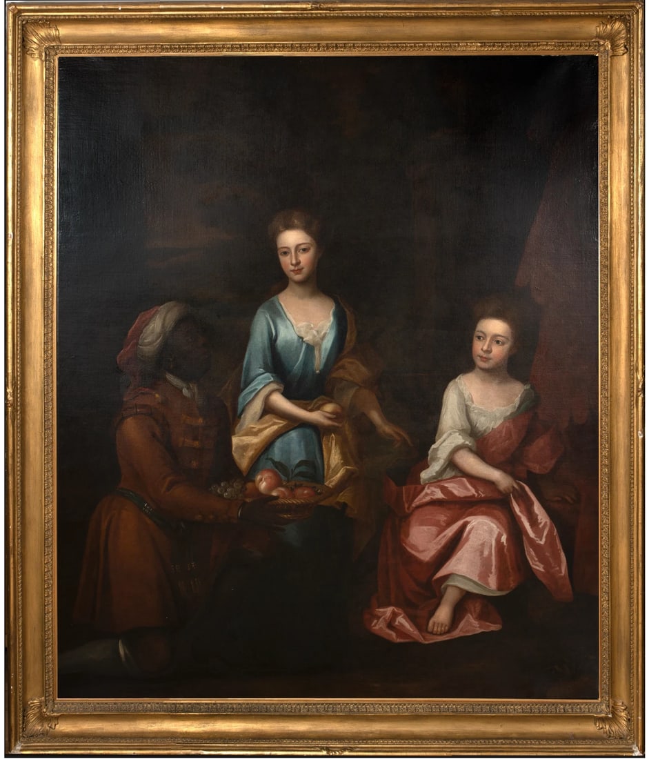 PORTRAIT OF TWO GIRLS & A SERVANT OIL PAINTING: Year: 17th century Size: 210cm x 170cm Medium: Oil Description: An enormous oil on canvas portrait of two young girls and a servant from the 17th century in England. Extensive, full-length study of th