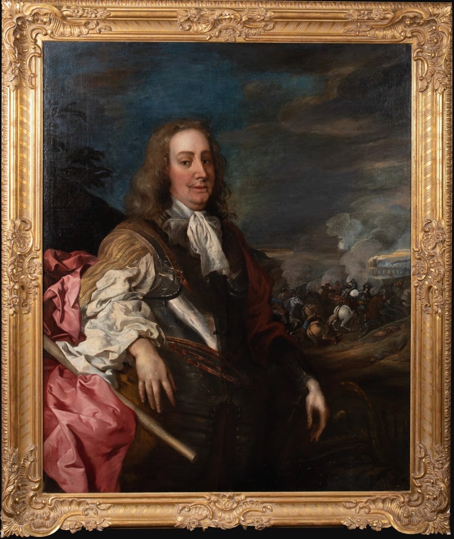 PORTRAIT OF GENERAL MONCK OIL PAINTING: Year: 17th century Size: 64" x 54" Medium: Oil Description: An enormous oil painting from Sir Peter Lely's workshop depicting General Monck, 1st Duke of Albermarle, from the 17th century. This three-q