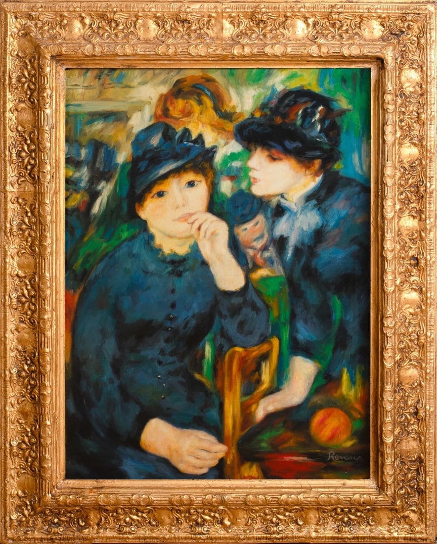 PORTRAIT OF WOMEN IN BLACK OIL PAINTING: Year: 19th century Size: 41" x 33" Medium: Oil Description: Large black-and-oil portrait of a woman in a French impressionist café interior.This is an interior scene from Renoir's 1880 painting of tw
